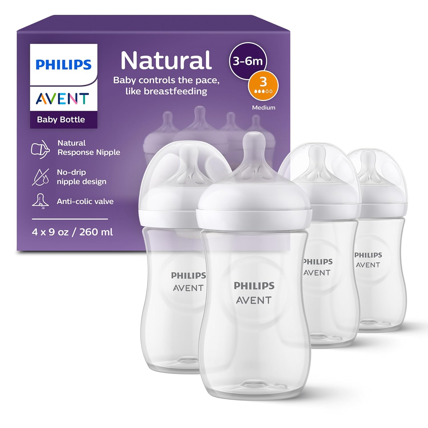 Philips Avent Natural Baby Bottles with Natural Response Nipples (Medium Flow, Flow 3), 9oz, 4-Pack