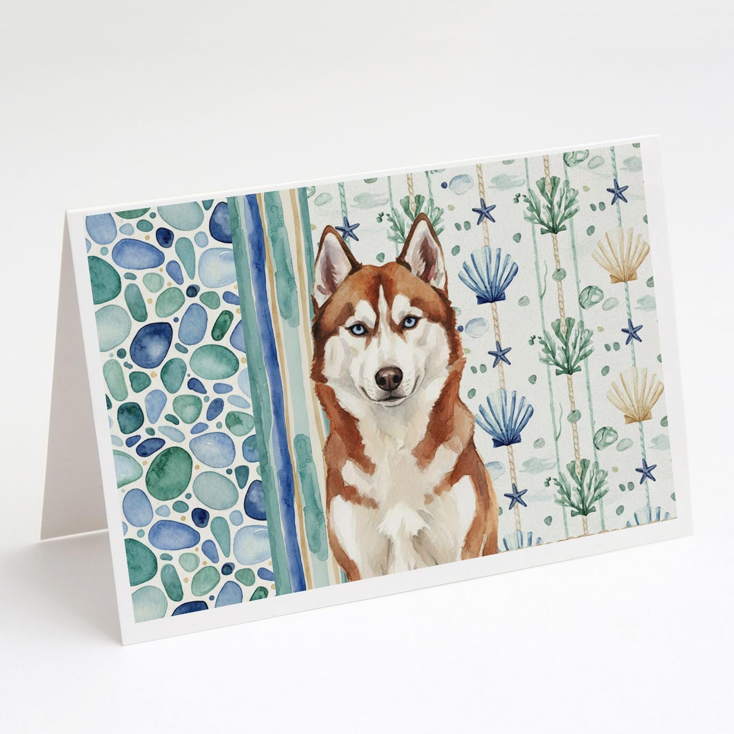 Caroline's Treasures Red and White Siberian Husky Coastal Sea Glass Greeting Cards Pack of 8 Blank Cards with Envelopes Whimsical A7 Size 5x7