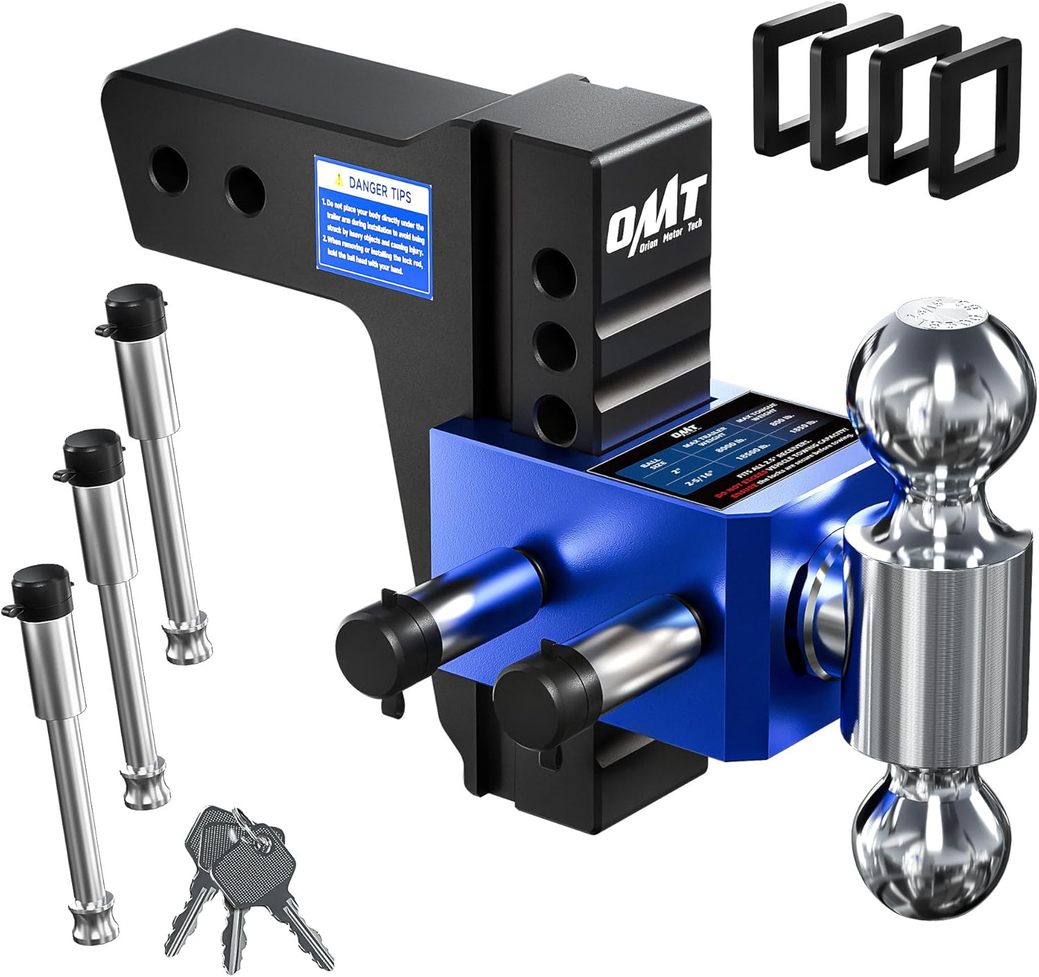 Orion Motor Tech Adjustable Trailer Hitch, Heavy Duty 2.5 inch Receiver Hitch, 6" Drop Hitch with 2" & 2-5/16" Balls, 360° Dual-Ball Mount with 18500lb Towing Capacity for Class IV & V
