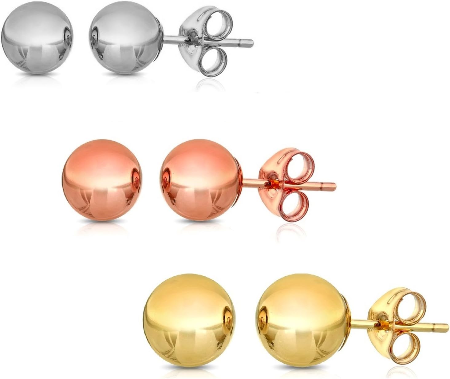 Amazon Collection 14K Solid Gold Ball Stud Earrings (3-Pair-Pack) 3MM 4MM and 5MM - Choose a Color