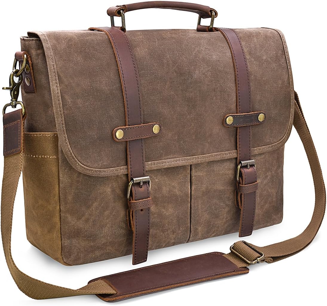 Amazon Essentials Mens Messenger Bag 15.6 Inch Waterproof Vintage Genuine Leather Waxed Canvas