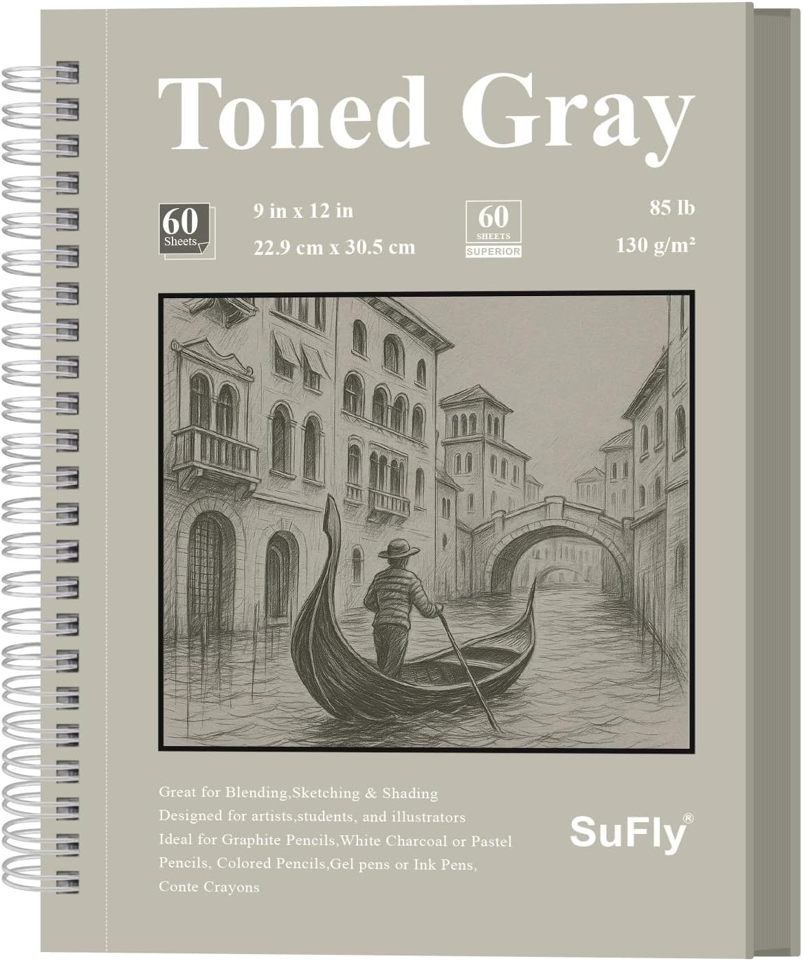 SuFly Gray Sketchbook 9" x 12" - 60 Sheets Spiral Bound Sketch Book