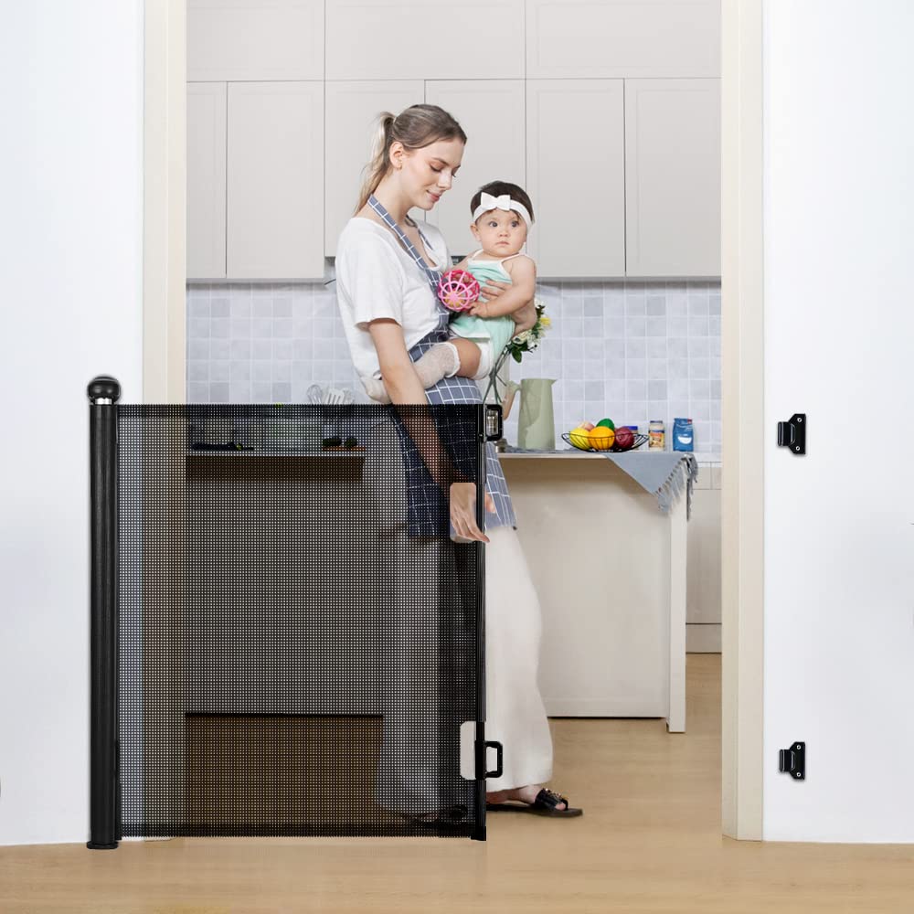 COMOMY Retractable Baby Gate for Stairs, 0-55" Mesh Dog Gate for House Doorways Hallways, 33" Tall Extra Wide Child Safety Gate for Kids Pets, Indoor and Outdoor (White)