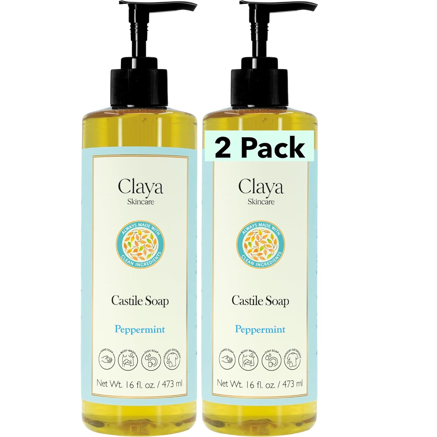 Amazon Peppermint Liquid Castile Soap – Organic Ingredients, Biodegradable, Refreshing and Cooling, Gentle for Skin and Multi-Purpose (2 Pack of 16 fl oz (Pump Cap))