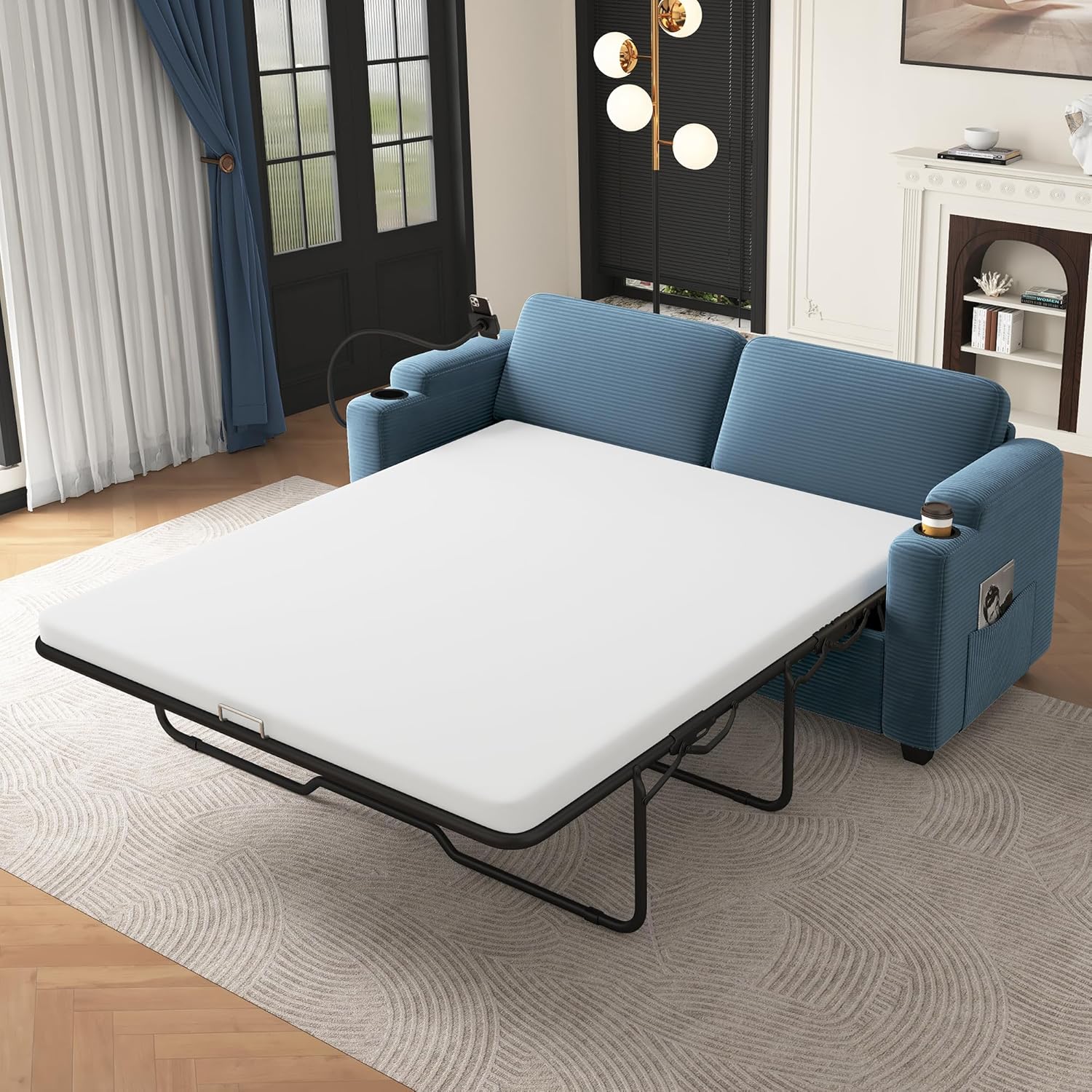 P PURLOVE Pull Out Sleeper Sofa Bed with Full Size Mattress,72.8" Loveseat Sofa Chair with Two USB Ports, Two Cup Holders and Two Side Pockets for Apartment,Office