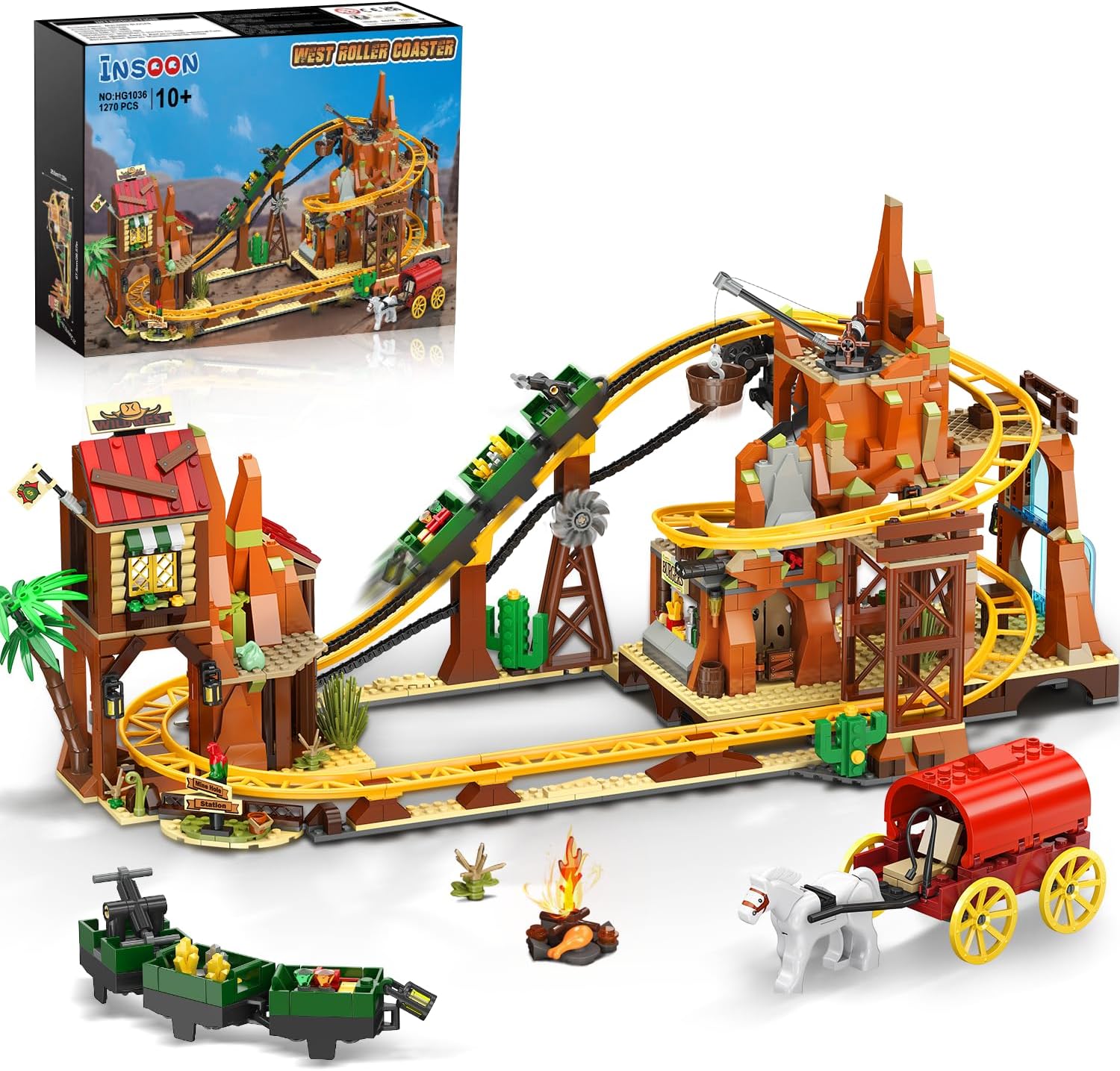 INSOON Western Roller Coaster Building Set, Rollercoaster Building Toy with Mine Train, Lifting Chain Drive, Carriage, 1270PCS Mining Coaster Model Playset Gift for Adults Teens Kids Boys Girls 10-12+