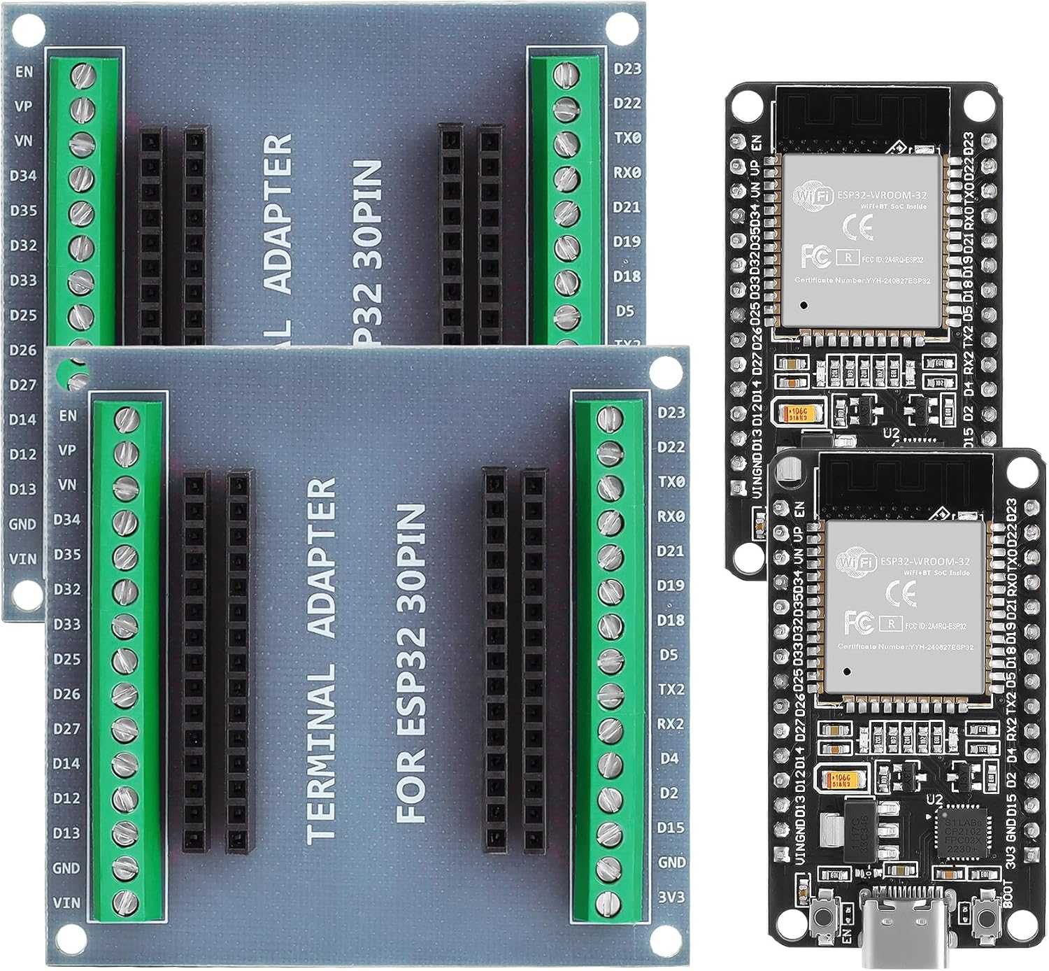 Generic 2 Set ESP32 Development Board - 30 Pin USB C ESP32 ESP-WROOM-32 ESP-32S WiFi+Bluetooth Dual Cores Microcontroller ESP32-DevKitC-32 with ESP32 Breakout Board GPIO 1 into 2 for Arduino