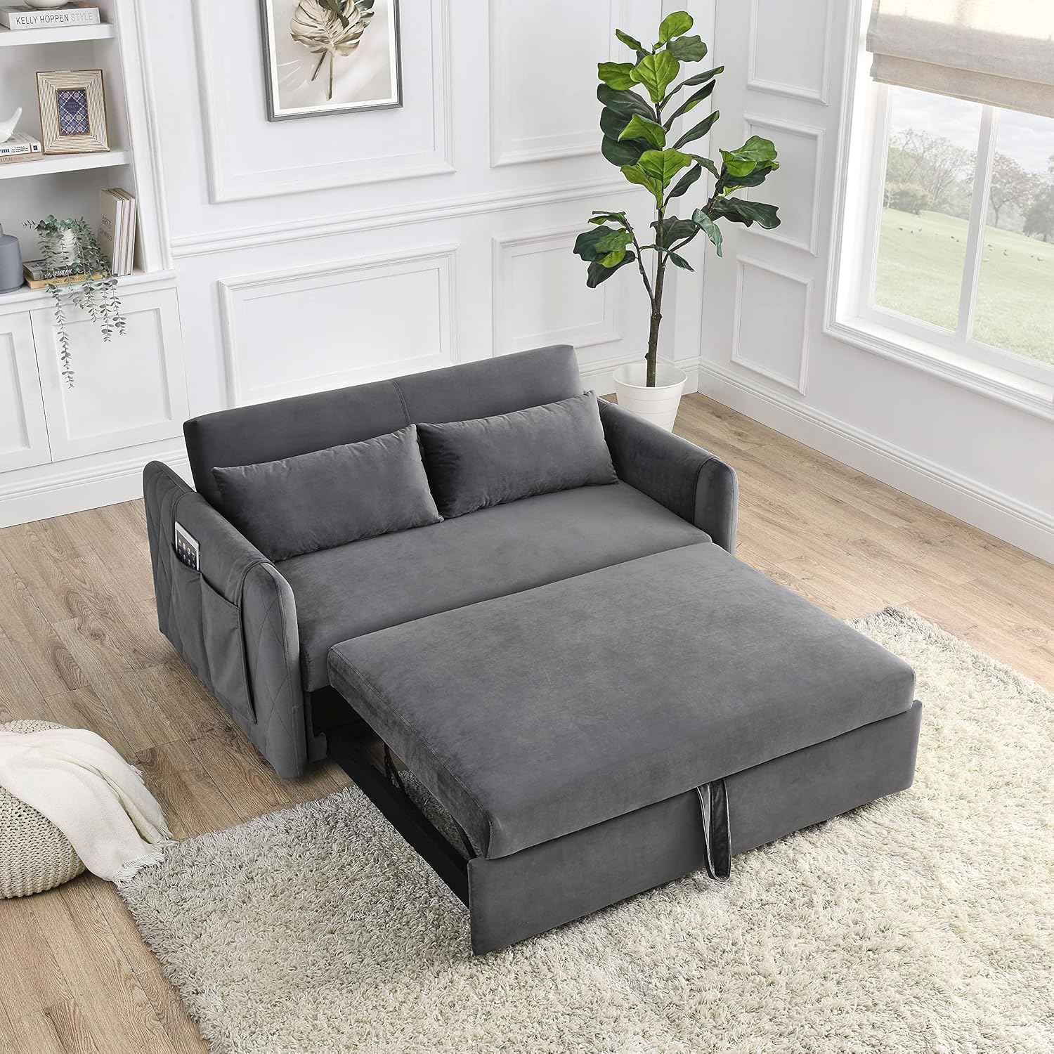 CEMKAR 55" Modern Convertible Sofa Bed with 2 Detachable Arm Pockets, Velvet Loveseat Sofa with Pull Out Bed, 2 Pillows and Living Room Adjustable Backrest for Living Room, Apartment (Grey)