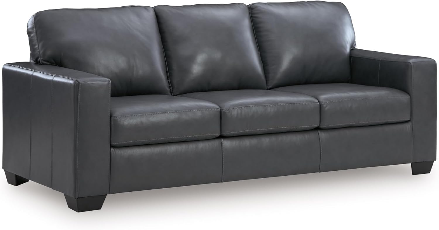 Signature Design by Ashley Bolsena Contemporary Leather Match Sofa Sleeper with Loose Seat Cushions and Bi-Fold Memory Foam Mattress, Queen, Gray