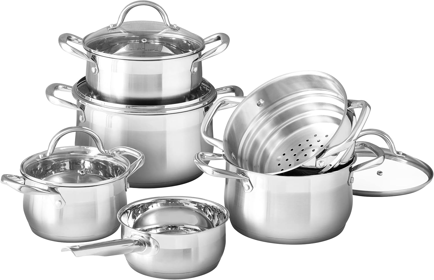 Bergner - Gourmet - 10 Piece Stainless Steel Cookware Set - Includes 1.3-Quart Saucepan, 2-Quart Soup Pot 3-Quart Soup Pot, 33.5-Quart Soup Pot, 6-quart Dutch Oven, and a Steamer