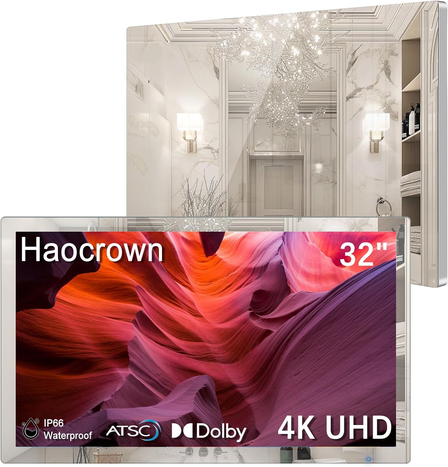 Haocrown 32 Inch 4K Ultra HD Smart Bathroom TV IP66 Waterproof Smart Mirror TV Android 11,Google Assistant Built-in with Voice Remote,ATSC Tuner(Silver Frame,2025 Model)