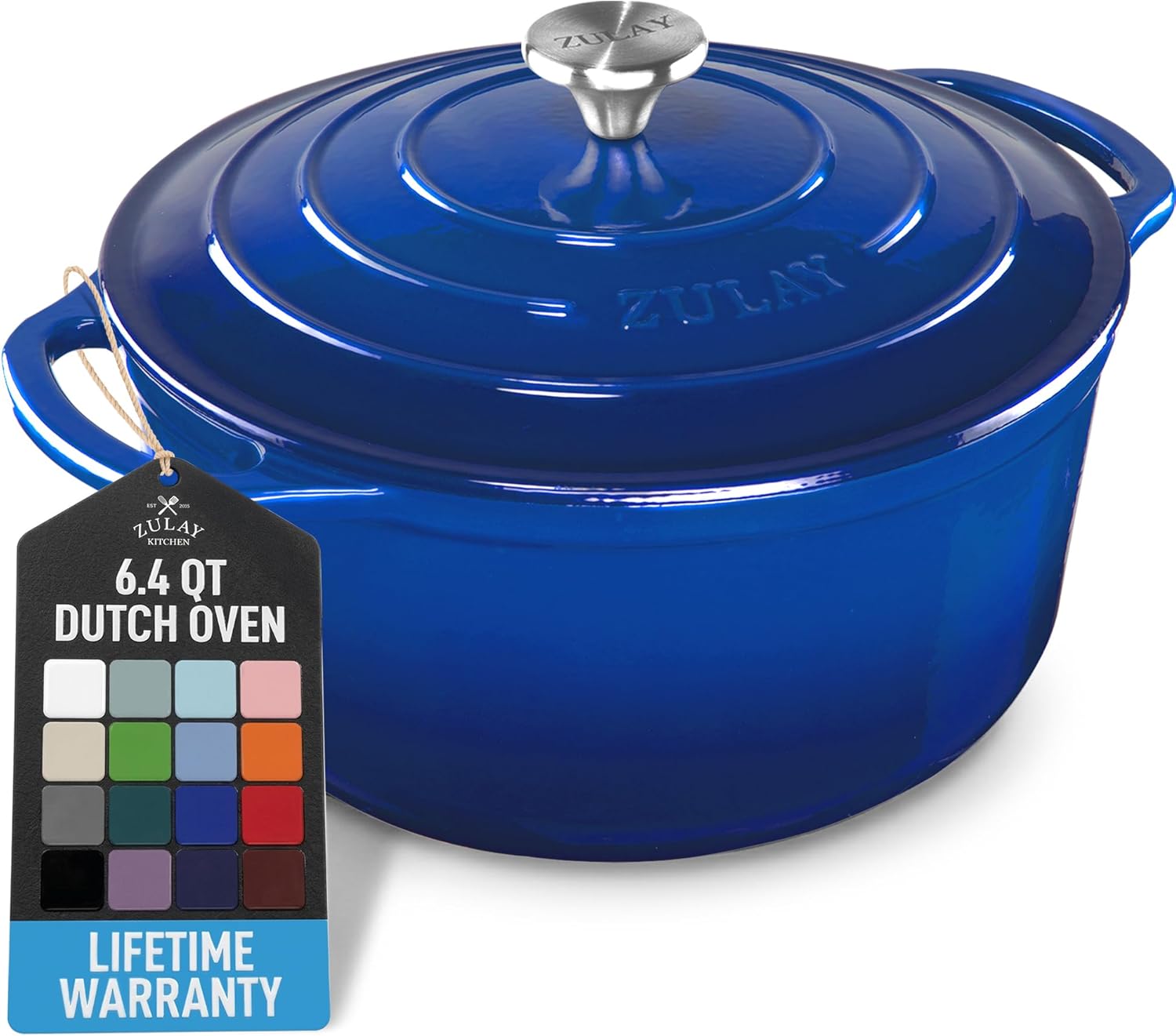 Zulay Kitchen 6 Quart Enameled Cast Iron Dutch Oven Pot with Lid – Premium Durability & Oven Safe up to 500°F – Heavy Duty Cookware Perfect for Bread Baking, Stews, Braising & Roasting - Blue