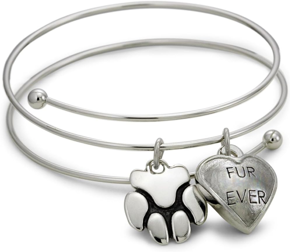 Zeldas Song Charm Bangle Bracelet Jewelry for Dog Lovers with Fur Ever and PAW Print Charms
