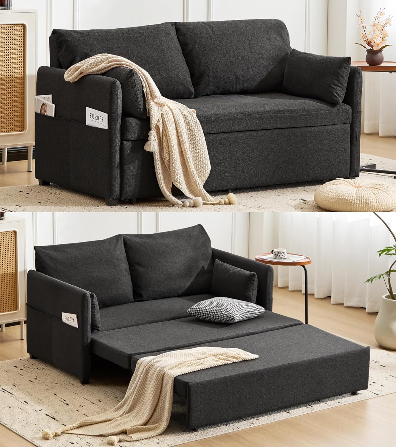 Furnimart 62" Queen Size Sleeper Sofa with Pull Out Sofa Bed, 3 in 1 Convertible Loveseat Sleeper with 6-Position Adjustable Backrest, Modern Linen Futon Couch for Living Room, Apartment, RV, Black