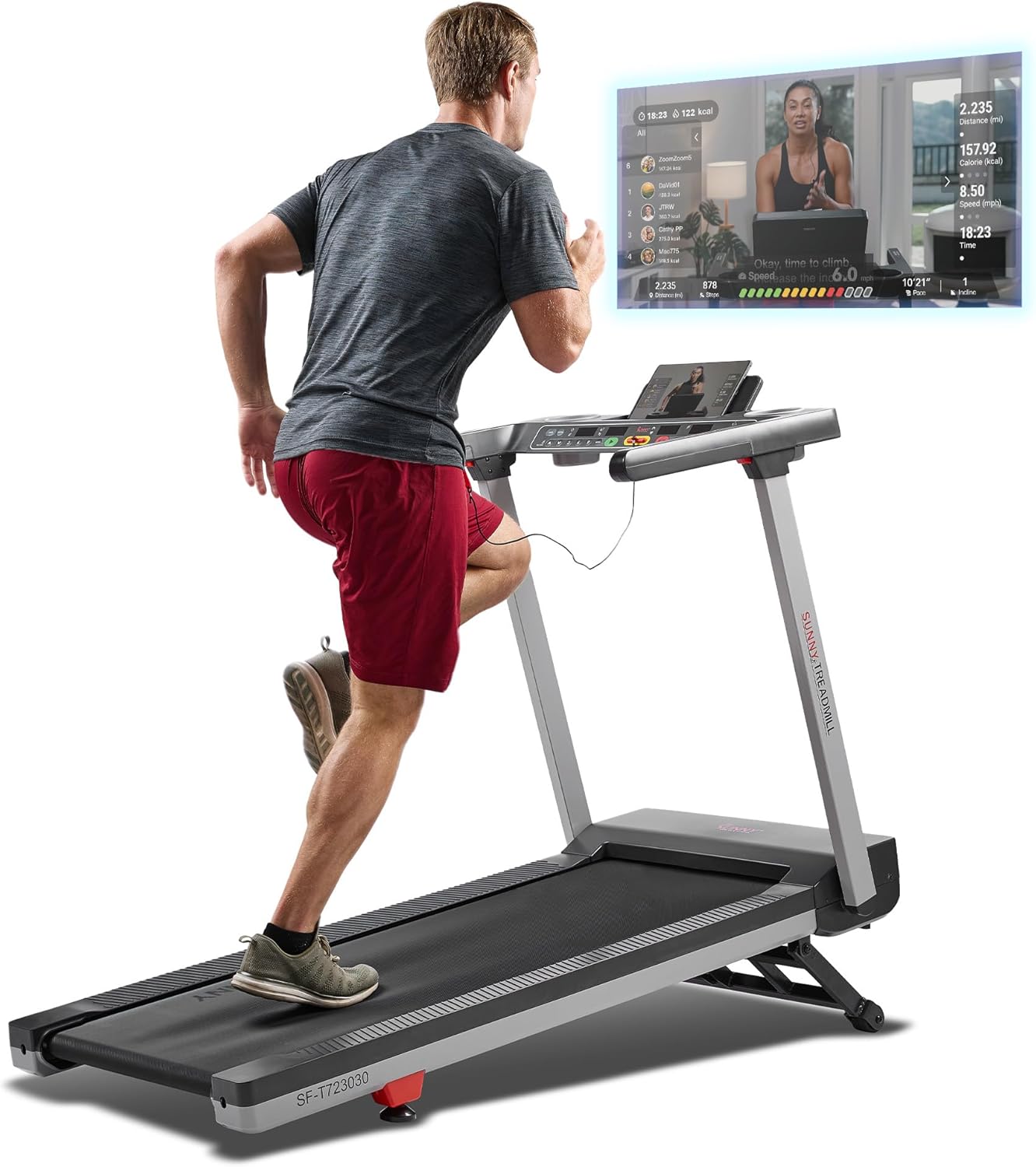 Sunny Health & Fitness Foldable 15 Level Auto Incline Treadmill, 20" Wide Running Belt, Quiet Brushless, Digital Display, 300 LB Weight Capacity, SunnyFit App Bluetooth Connection