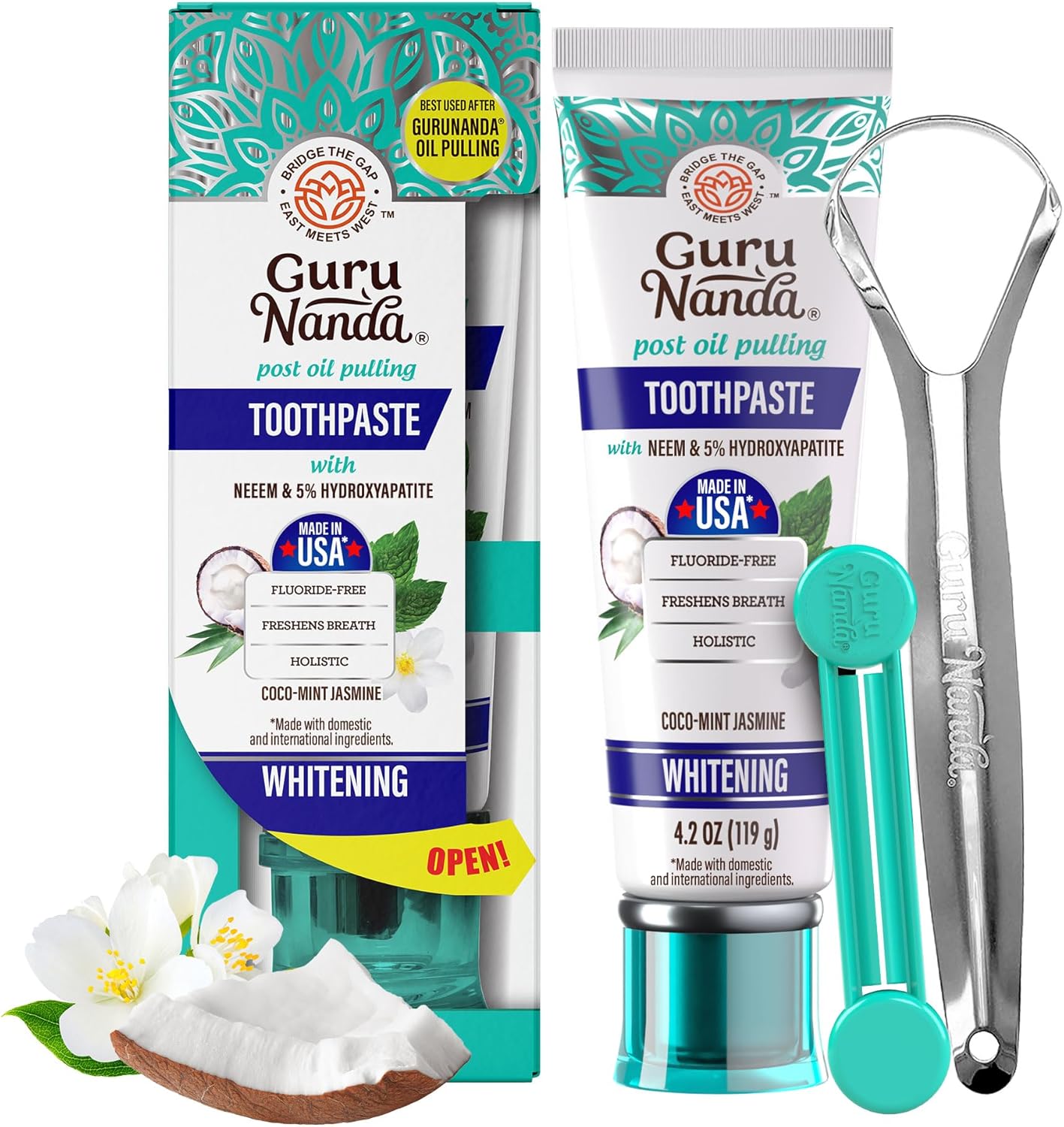 GuruNanda Hydroxyapatite Toothpaste with Neem, SLS & Fluoride Free, Whitening Toothpaste with Tongue Scraper & Squeezer - Freshens Breath, Fights Plaque - Natural CocoMint Jasmine, 4.2oz