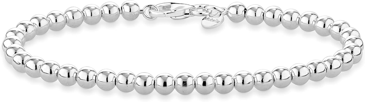 Miabella 925 Sterling Silver Italian Handmade 4mm Bead Ball Strand Chain Bracelet for Women