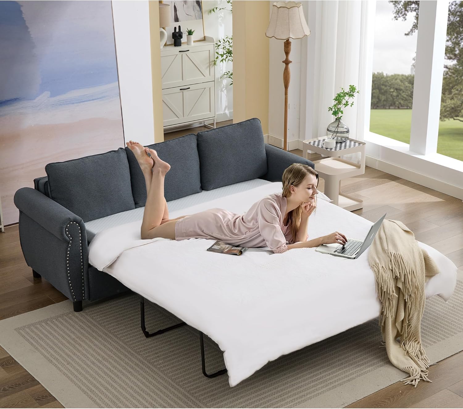 Generic Pull Out Sofa Bed Queen Size, Sleeper Sofa with Memory Foam Mattress, 3 in 1 Convertible Pullout Couch Bed, 3-Seater Comfy Upholstered Loveseat Sofas for Living Room, Guest Room, RV (Grey, Linen)