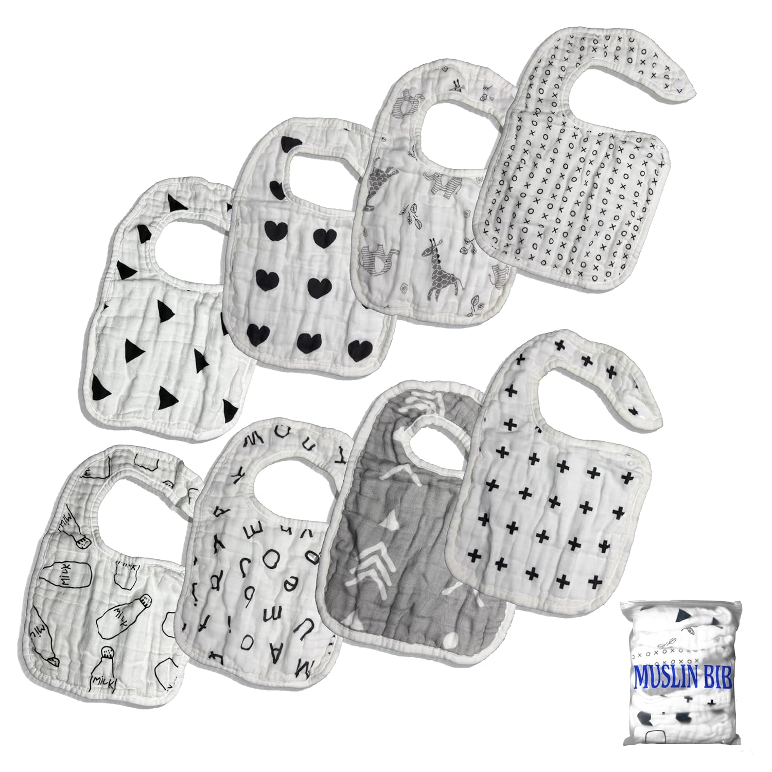 ILELAND 8-Pack Organic Drool Bibs for Baby| Unisex Teething & Drool Bibs for Infants & Toddlers | Soft, Absorbent & 100% Cotton Newborn Bibs | Snap close, Machine-Washable, Dryer, Soft & Thick
