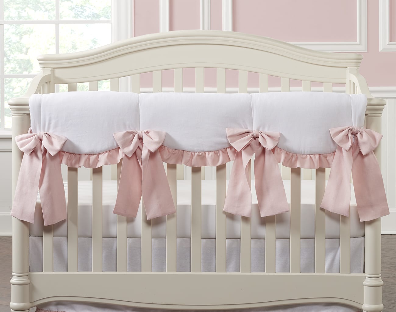 White Scalloped Crib Rail Cover with Pink Ruffle and Linen Bows