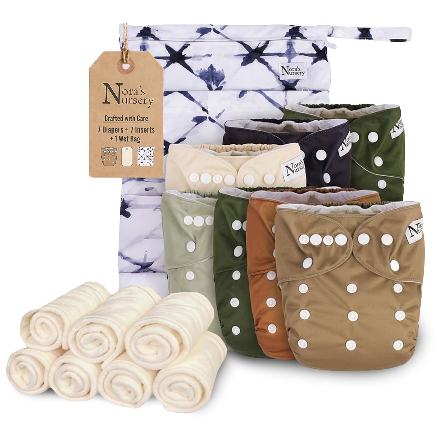 Nora's Nursery Cloth Diapers for Babies (Down to Earth) – 7 Adjustable Baby Reusable Diapers