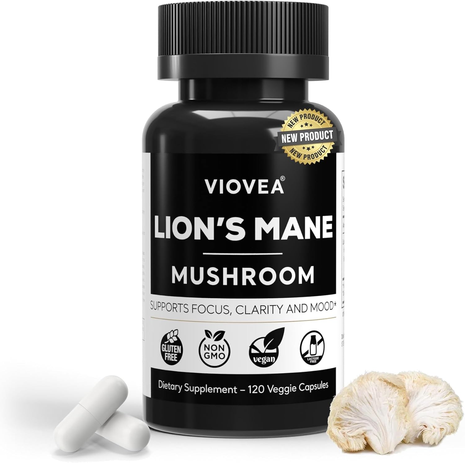 VIOVEA Lion's Mane Supplement Capsules - 120 Capsules, Supports Focus, Clarity, Memory, and Overall Cognition. Organic Nootropic Supplement for Cognitive Function and Immune Support