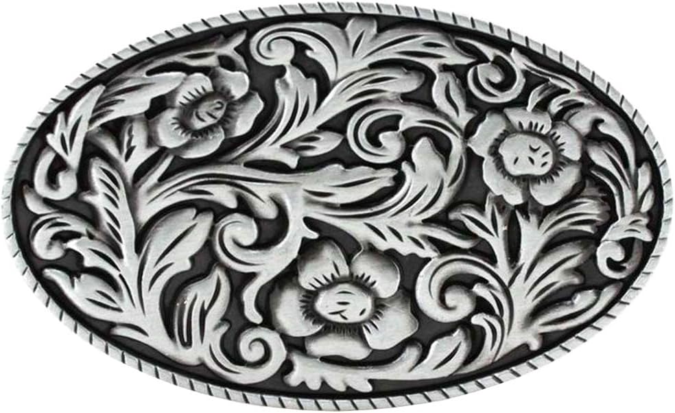 WANLIAN Oval Metal Unisex Buckle, Antique Silver Floral with Rope Edge Western Belt Buckle