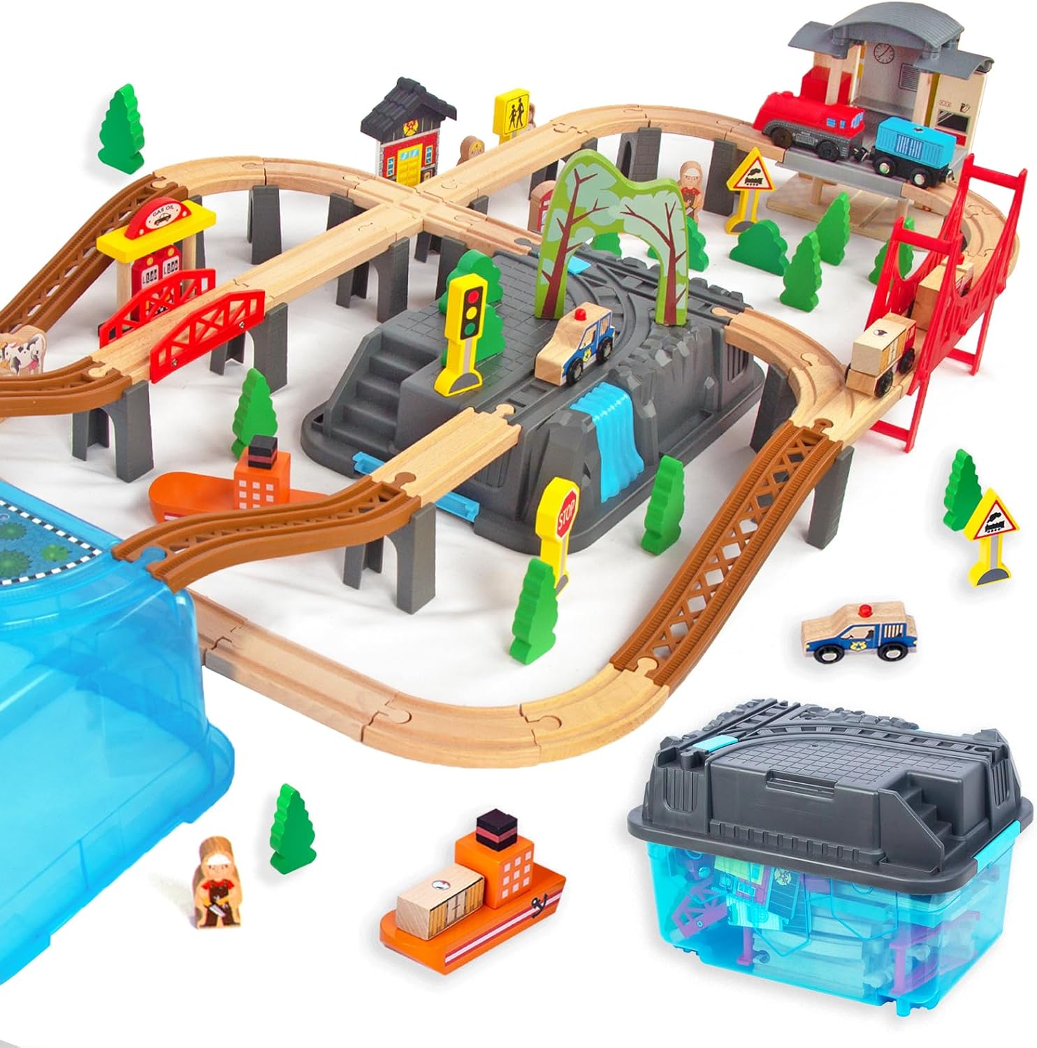 WoodenEdu 100Pcs Wooden Train Set for 3 Year Old Boys
