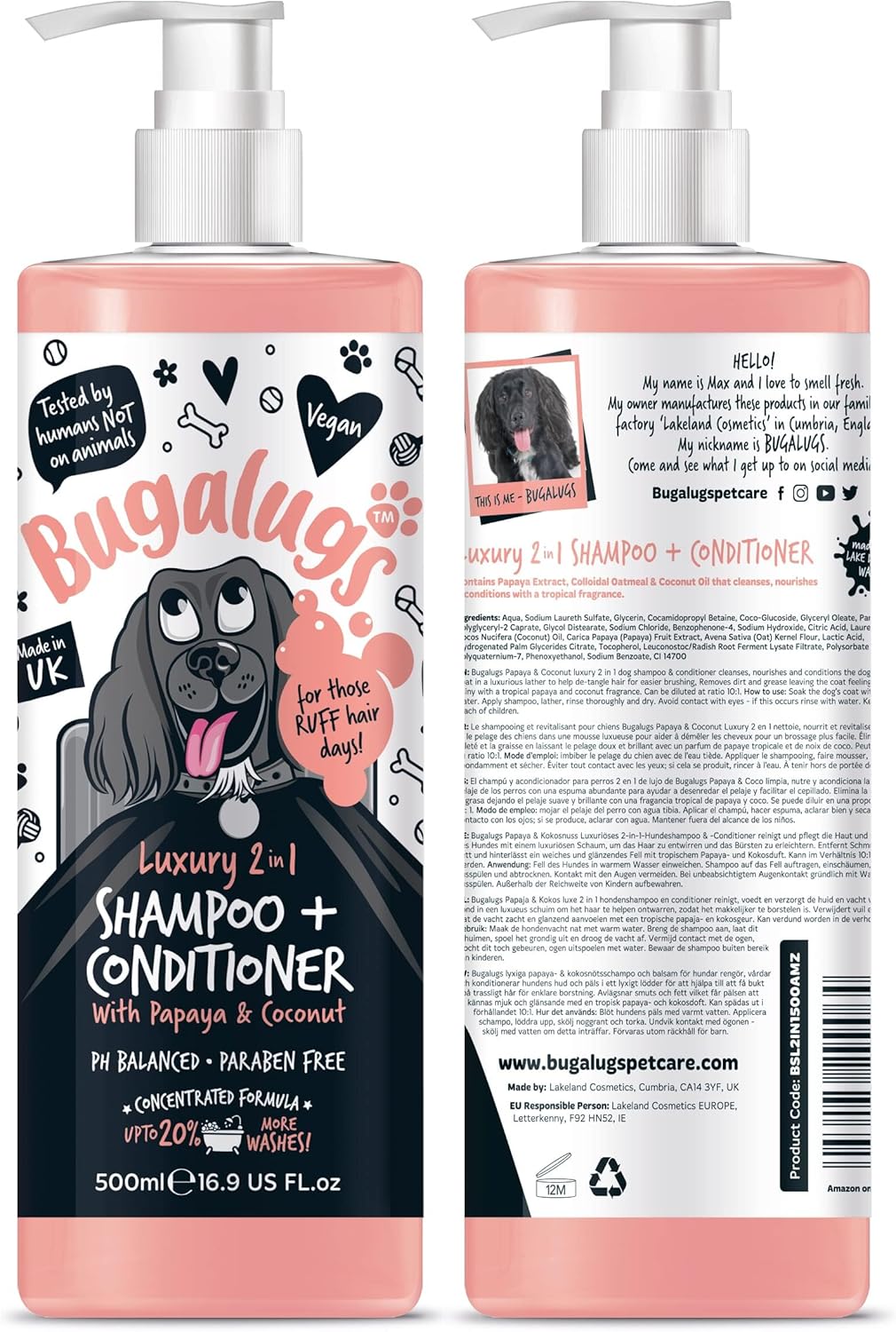 BUGALUGS Dog Shampoo Luxury 2 in 1 Papaya & Coconut