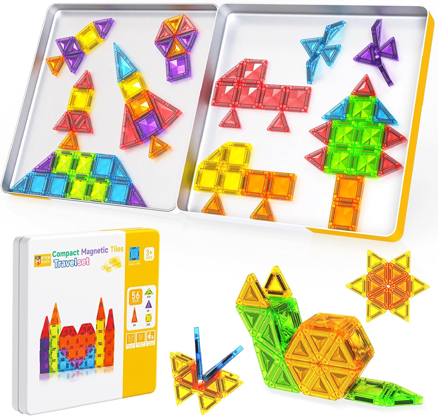 Mini Magnetic Tiles - 56 PCS Travel Magnetic Tiles with Tin, Micro Magnet Travel Toy for Kids Ages 3 4-8, STEM Educational Building Set Construction Toys, Boys Girls Toddlers Christmas Birthdays Gifts