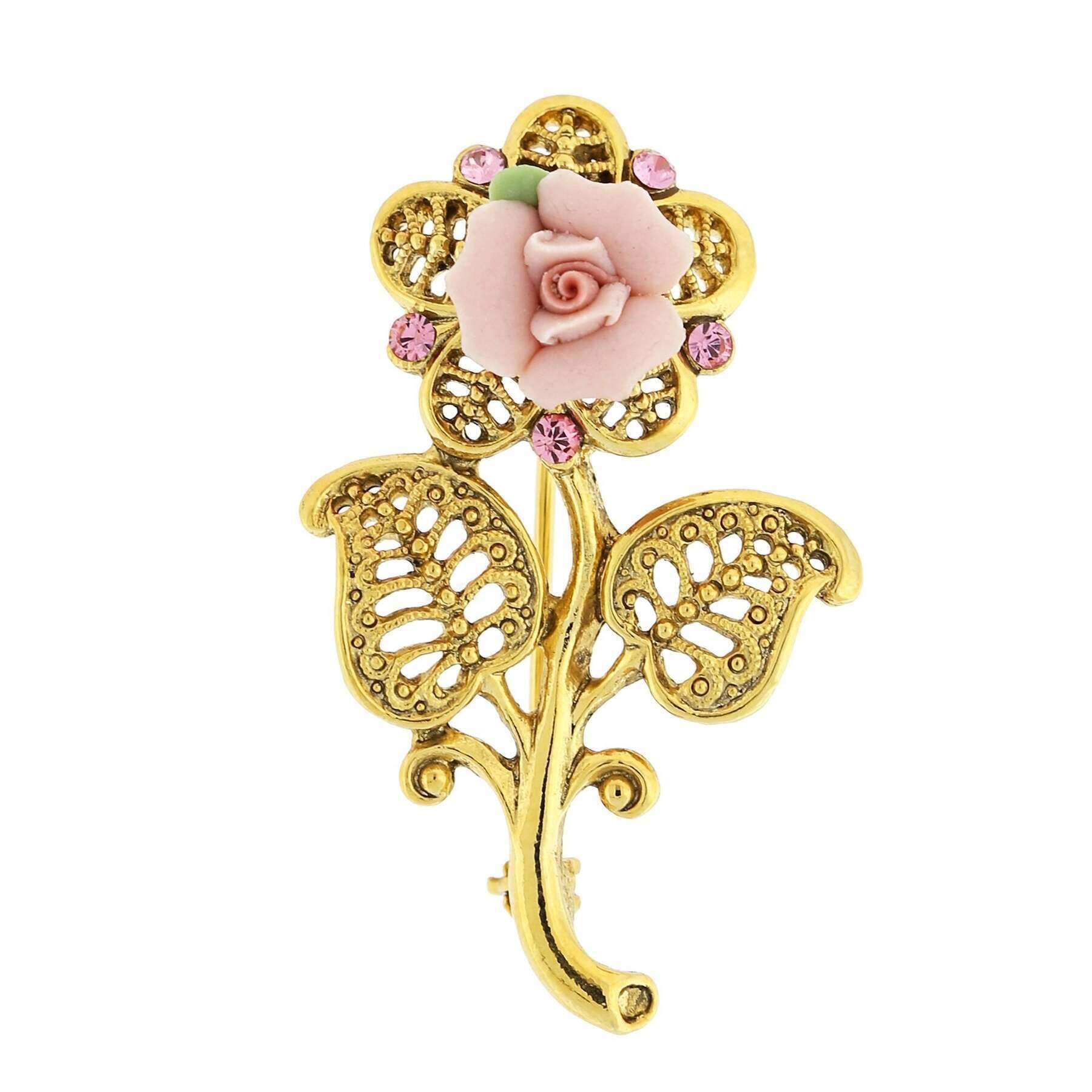 Pink Crystal And Porcelain Rose Brooch, 14K Gold Dipped