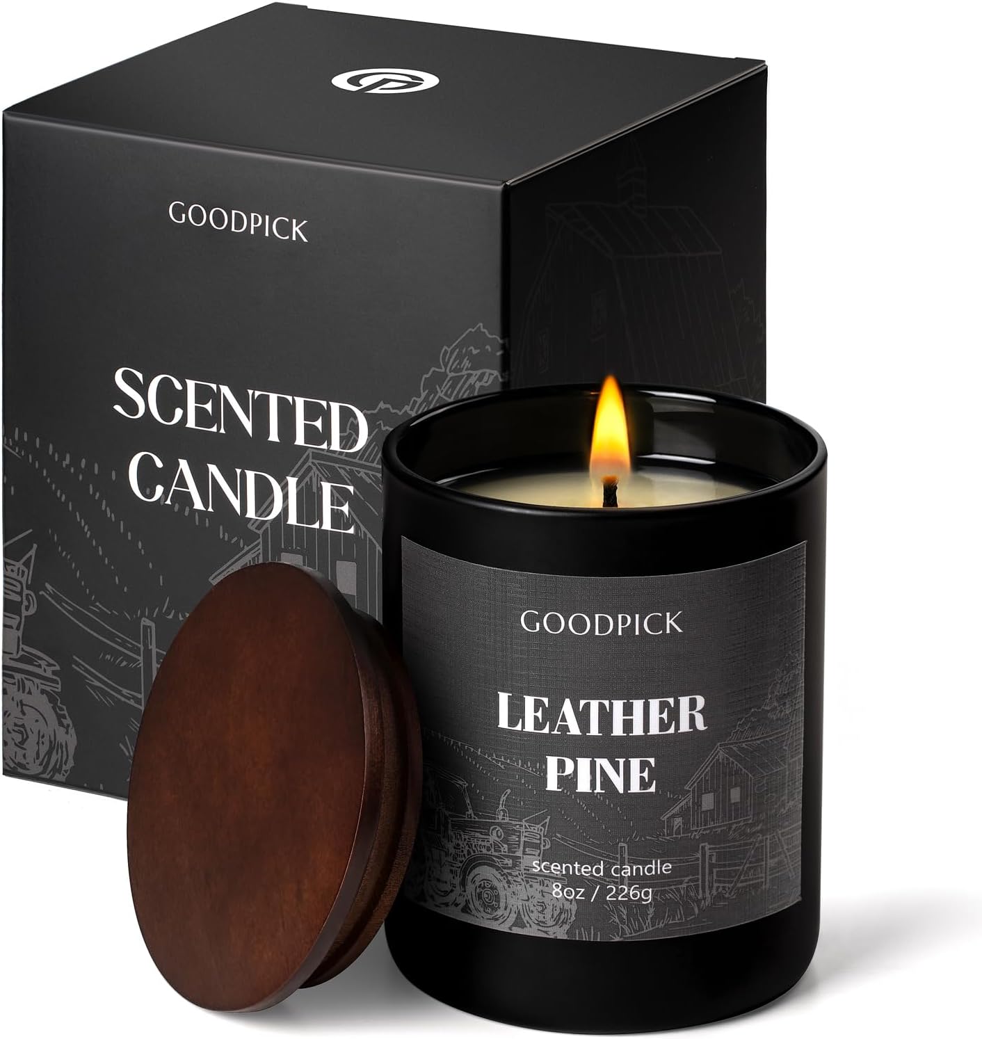 Goodpick Leather Pine Cypress Scented Candle, Candles for Men, Soy Candle, Home Scented, Classic, Luxury, Stylish, Masculine, 8oz 1-Wick 45-55 Hours Burn Time, Gift for Men, Birthday, Anniversary