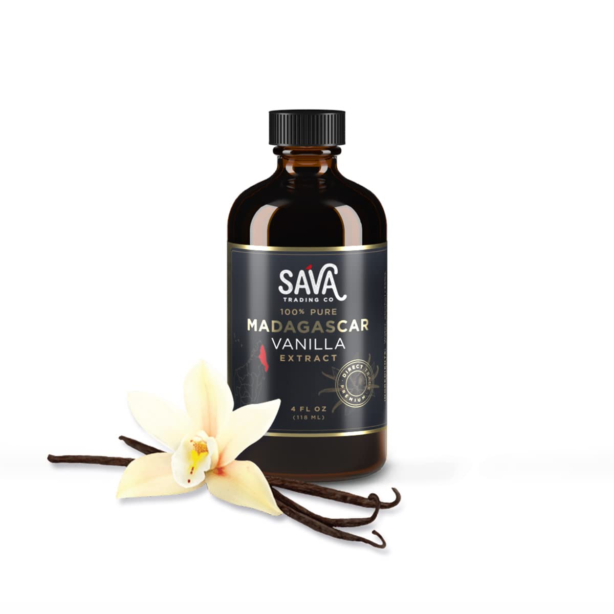 SAVA Madagascar Vanilla Extract – 100% Pure Vanilla Extract from High-Quality Madagascar Vanilla Beans – No Sugar Added Gourmet Vanilla Extract – Baking Supplies (4 Oz)
