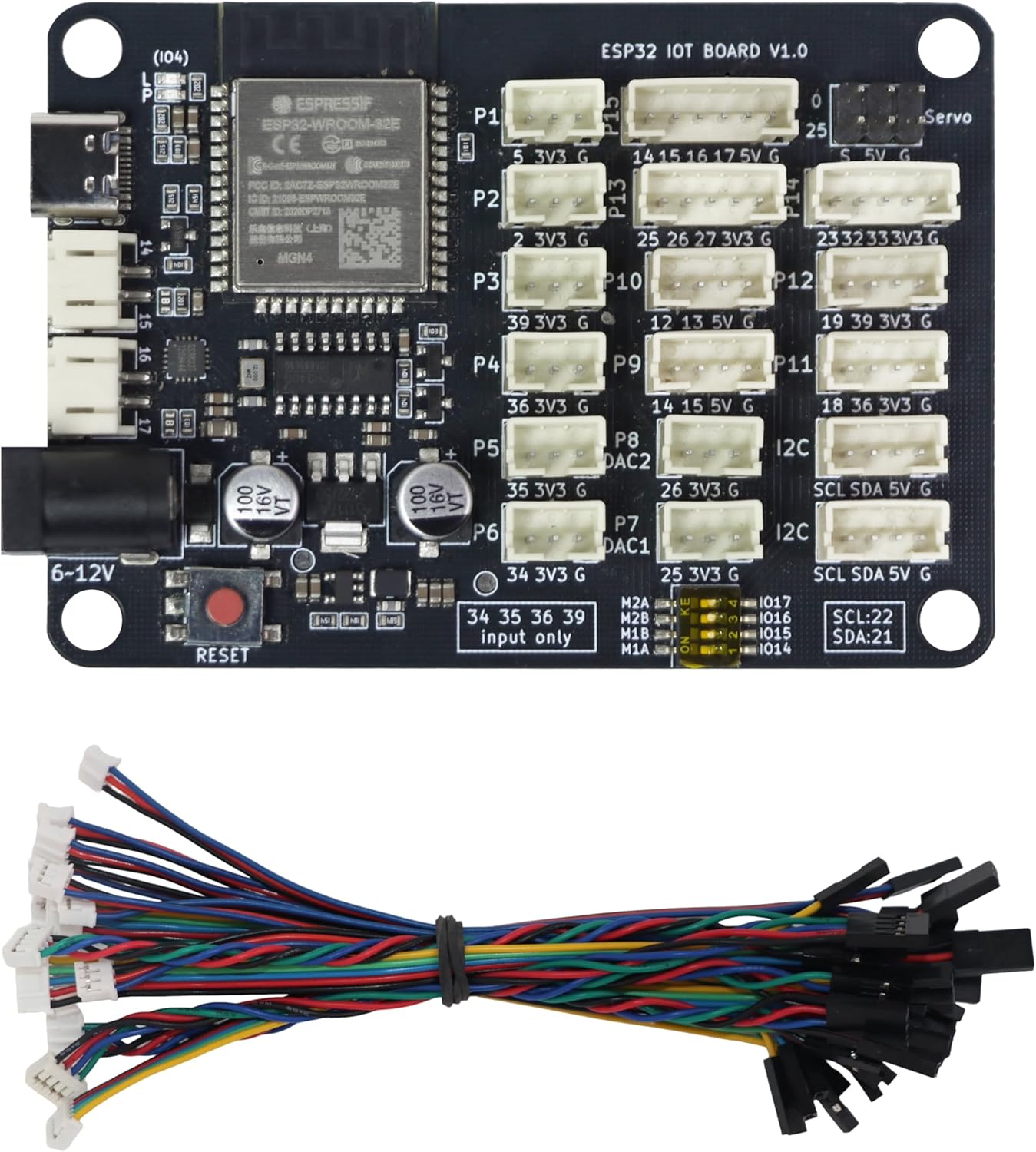 Generic ESP32 IoT Dev Board, Official WROOM-32E Module, Microcontroller with 2-Channel Motor Driver, PH2.0 Plug-and-Play Ports (Include 9x Cables), USB C, 2.4GHz WiFi & Bluetooth, STEM Robot Sensor Controller