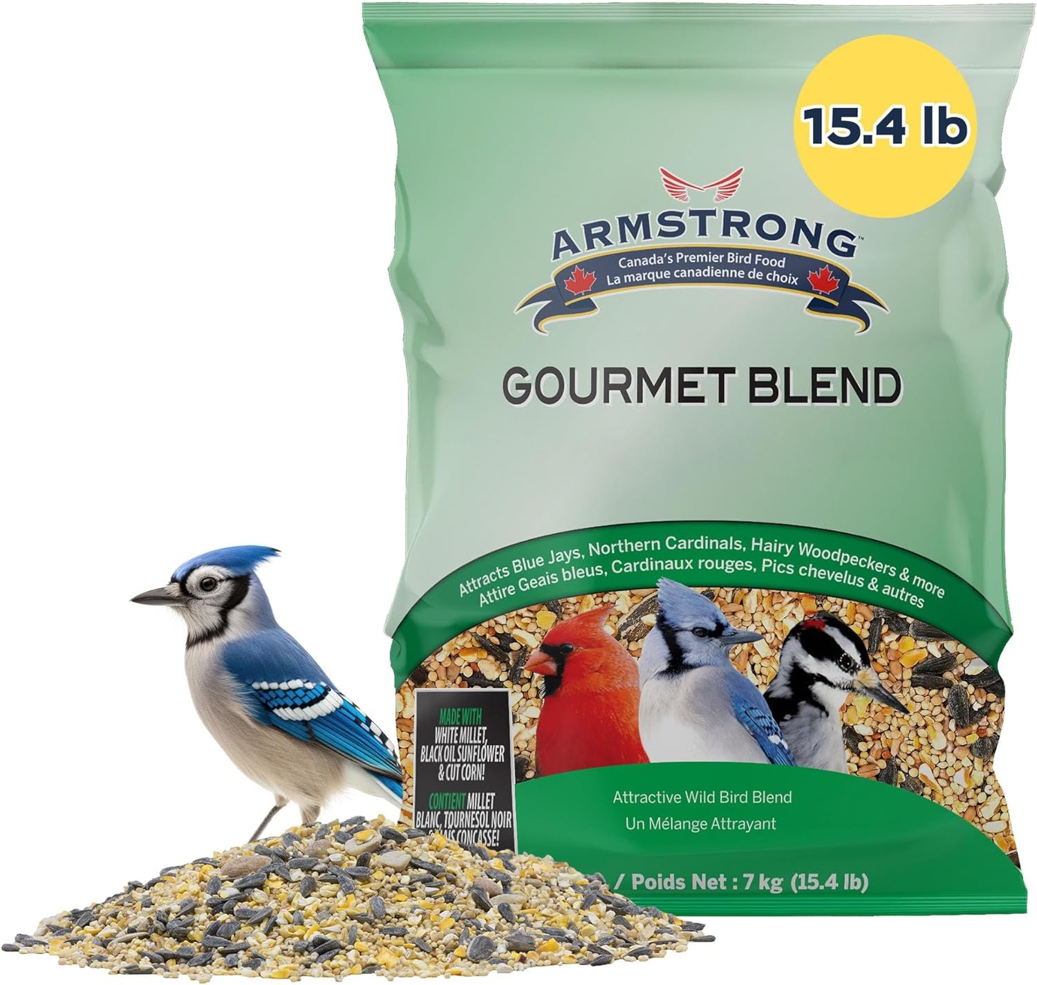 Armstrong Gourmet Blend, 15.4 Pounds - with White & Red Millet, Cut Corn, Wheat, Black Oil Sunflower, Striped Sunflower, Peanuts & Safflower for Blue Jays and Northern Cardinals