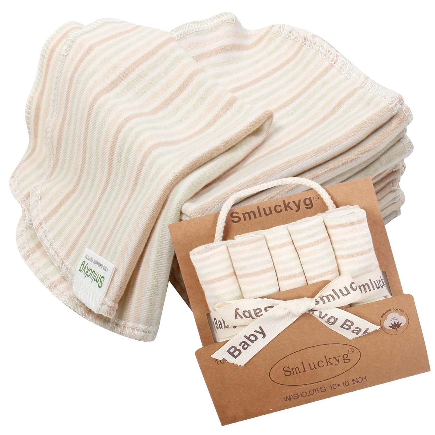 Smluckyg 10-Pack Organic Baby Washcloths - Ultra Soft Organic Cotton Reusable Towels, Gentle for Newborn Sensitive Skin, Perfect for Baby Towels, Feeding & Travel Care Baby Essentials (Stripes)