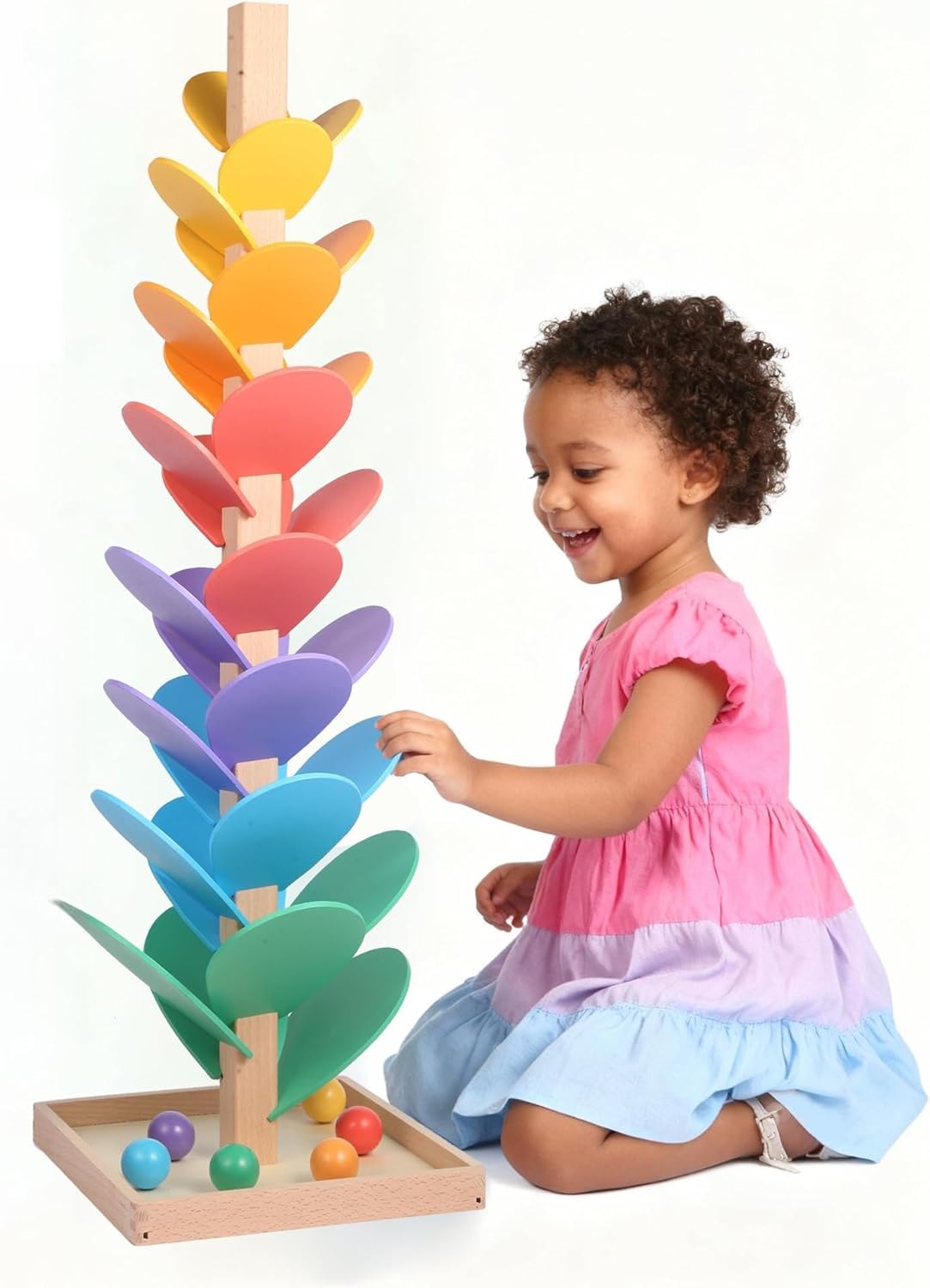 GOTOOFUN Wooden Marble Run Music Tree, Tumble Leaf Montessori Rainbow Singing Tree with Sound, Includes 12 Extra-Large 3cm Marbles Ball for Safer Play, Color Sorting STEM Learning Toy, Gift for Kids