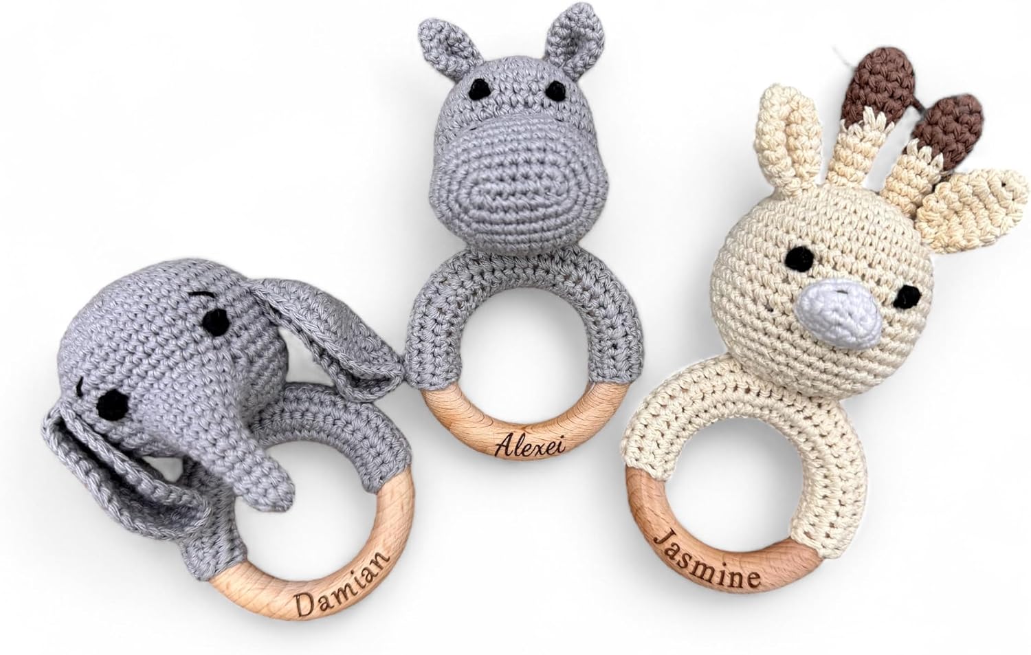 Generic Handmade Crochet Animal Baby Rattle – Wooden Ring | Personalized Elephant