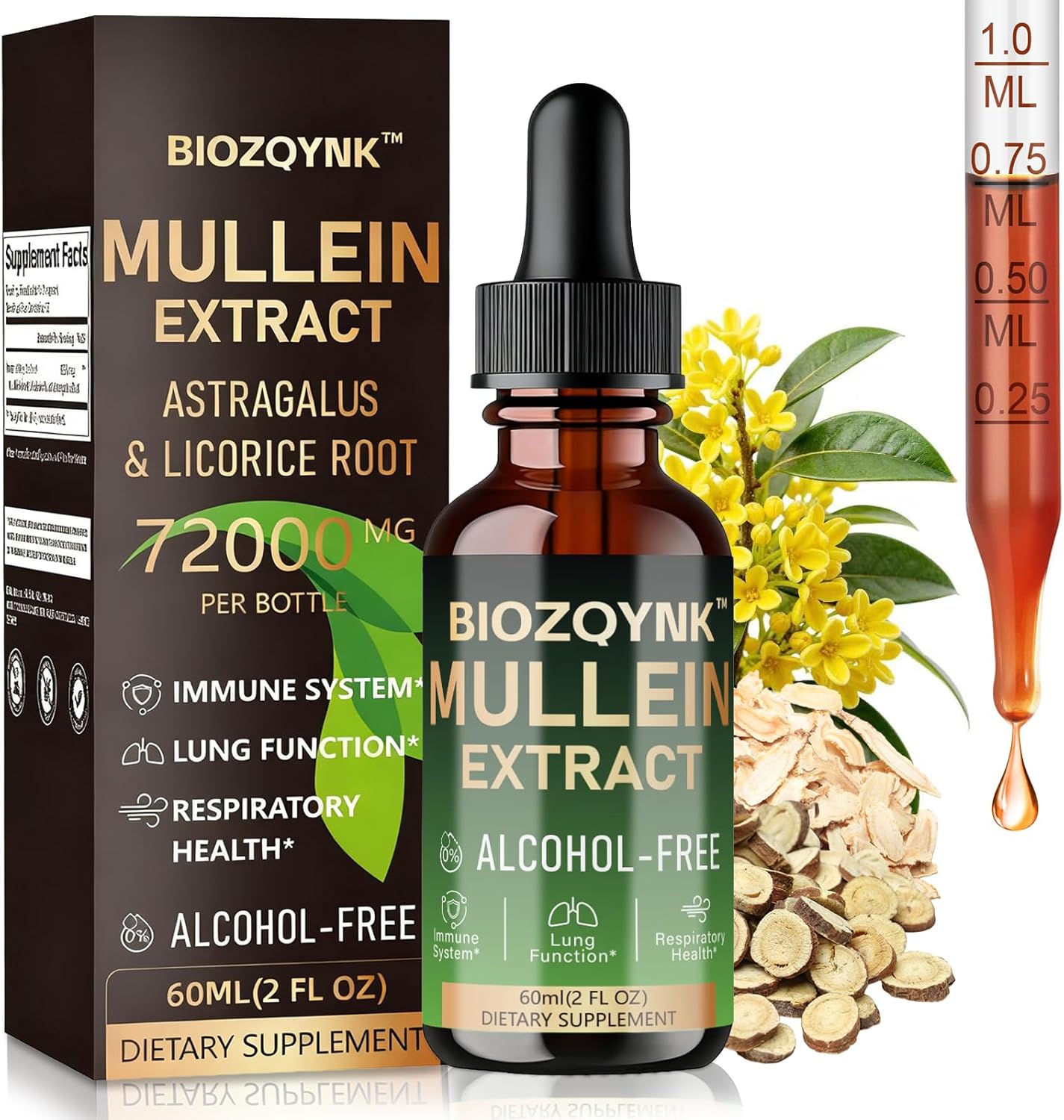 BIOZQYNK Mullein Drops – Lung Cleanse - Leaf Extract - Powerful Mullein for Immune Support,Detox & Respiratory Support- Lung Cleanse for Smokers–Vegan, Alcohol-Free (2 fl oz)