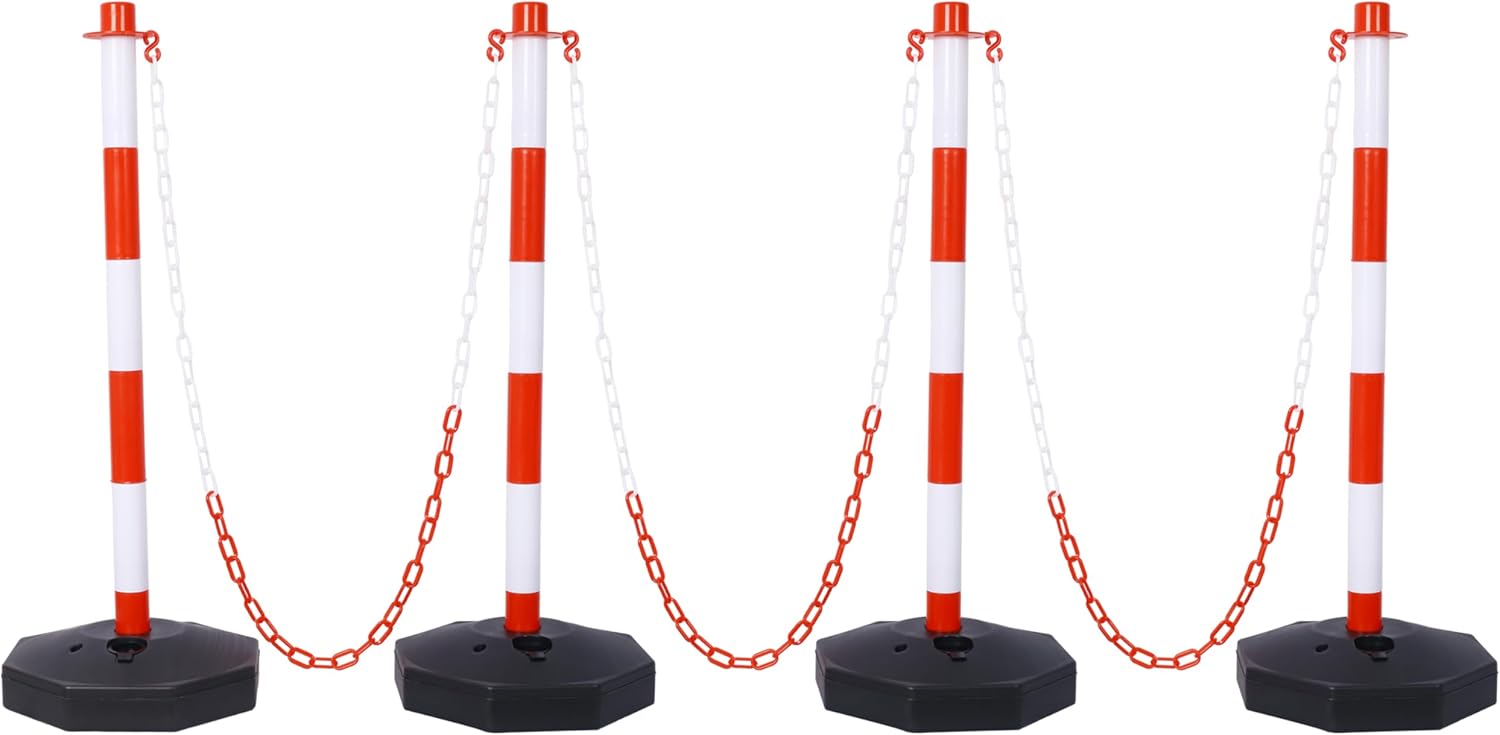 Generic 4 Pack Traffic Delineator Post Cones with Fillable Base, Adjustable Traffic Safety Barrier with 5 FT Plastic Chain, Traffic Safety Delineator Cones for Parking Lot, Traffic Control and Warning