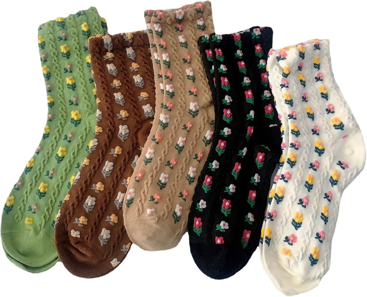 Kawaii 5 Pairs Women's Kawaii Thick Floral Printed Cotton Socks, Autumn Winter Warm Soft Breathable Mid Tube Crew Ankle Sock