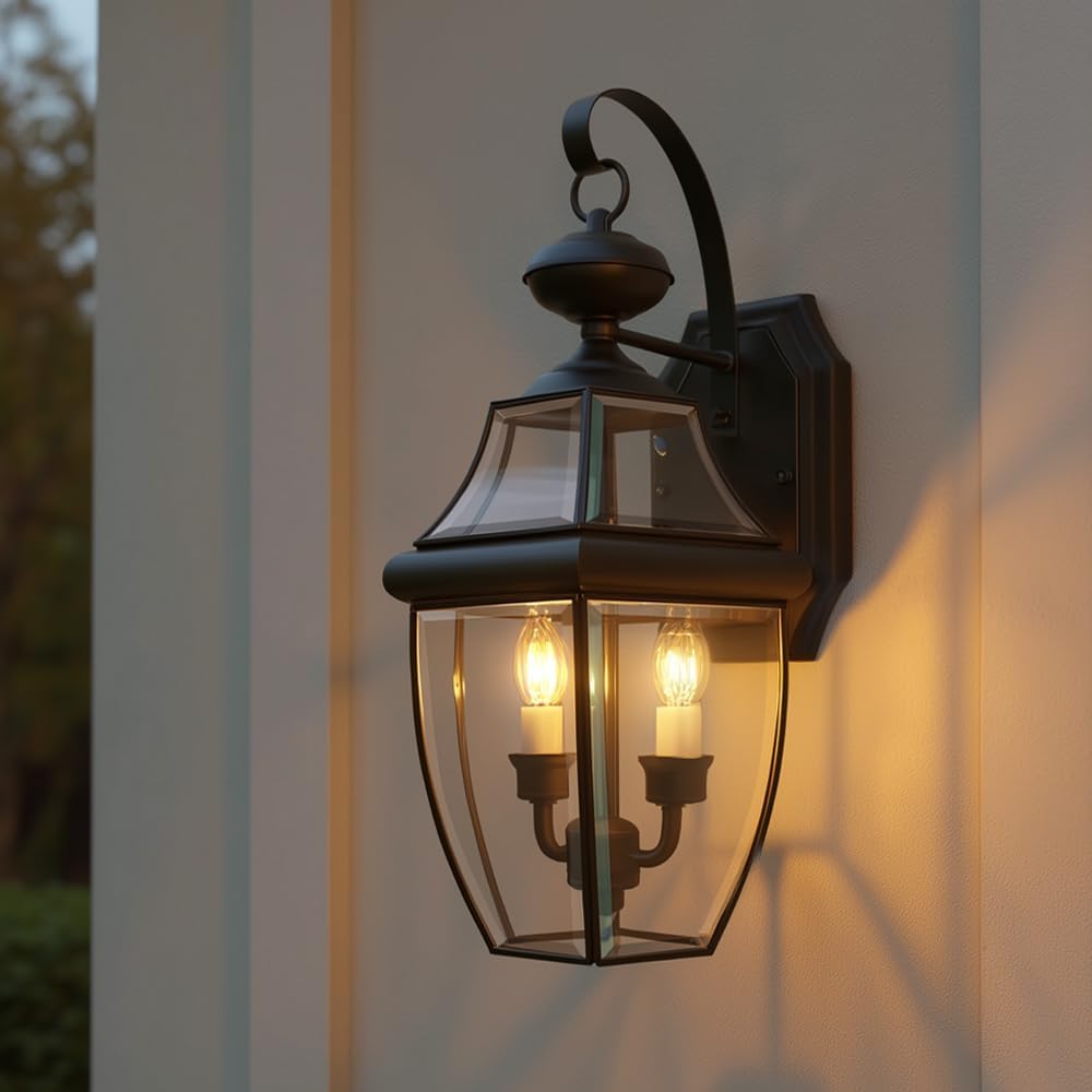 Urban Ambiance Luxury Colonial Outdoor Wall Light, Large Size: 20" H x 10.5" W, with Tudor Style Elements, Versatile Design, High-End Black Silk Finish and Beveled Glass, UQL1144