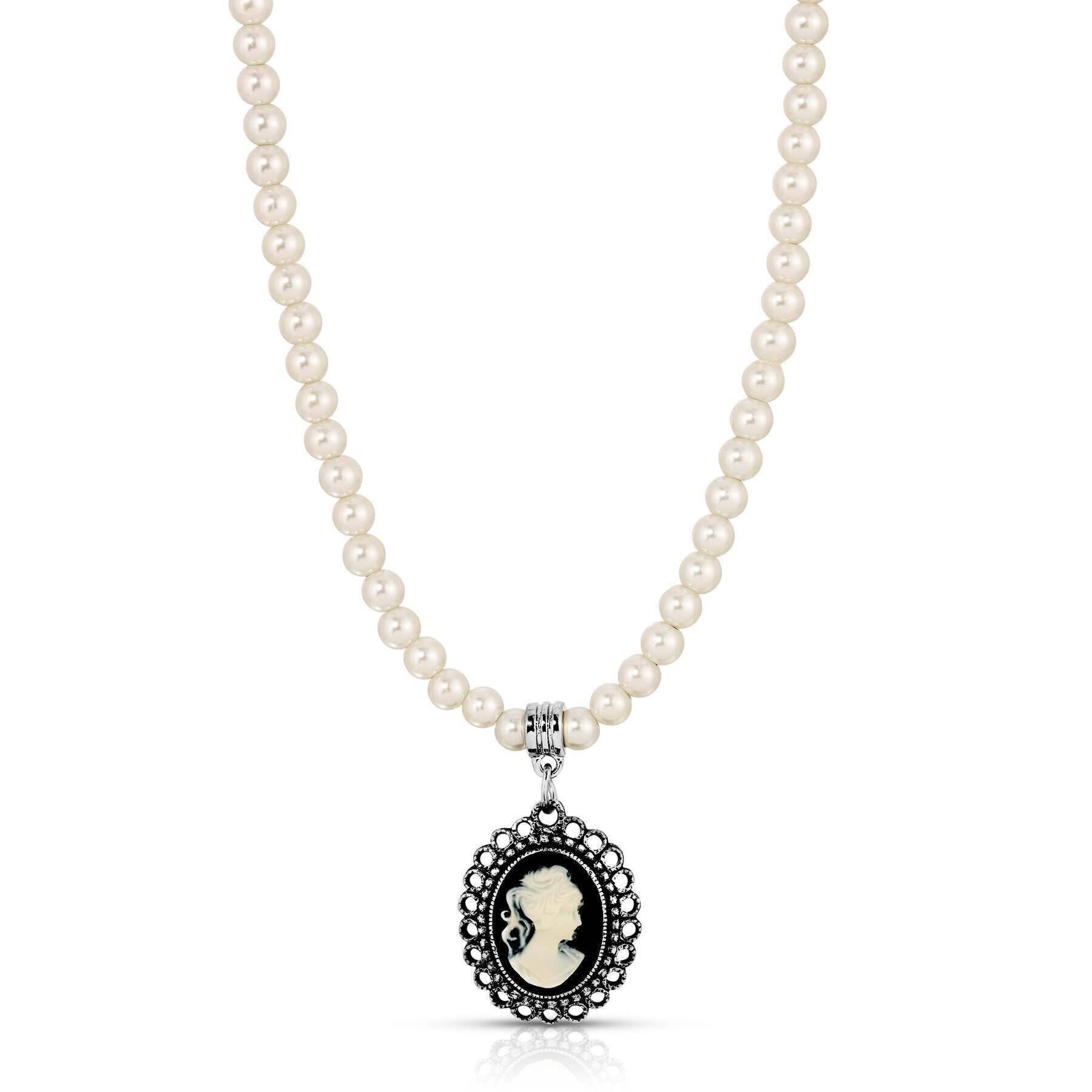 Women's Black & White Cameo Pendant Faux Pearl Strand Necklace