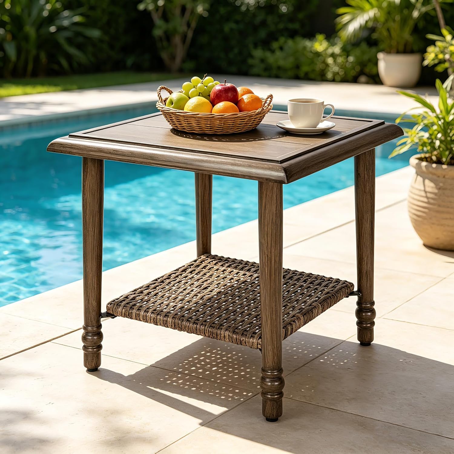 MaagorVita Outdoor Rattan Side Table with Storage Shelf