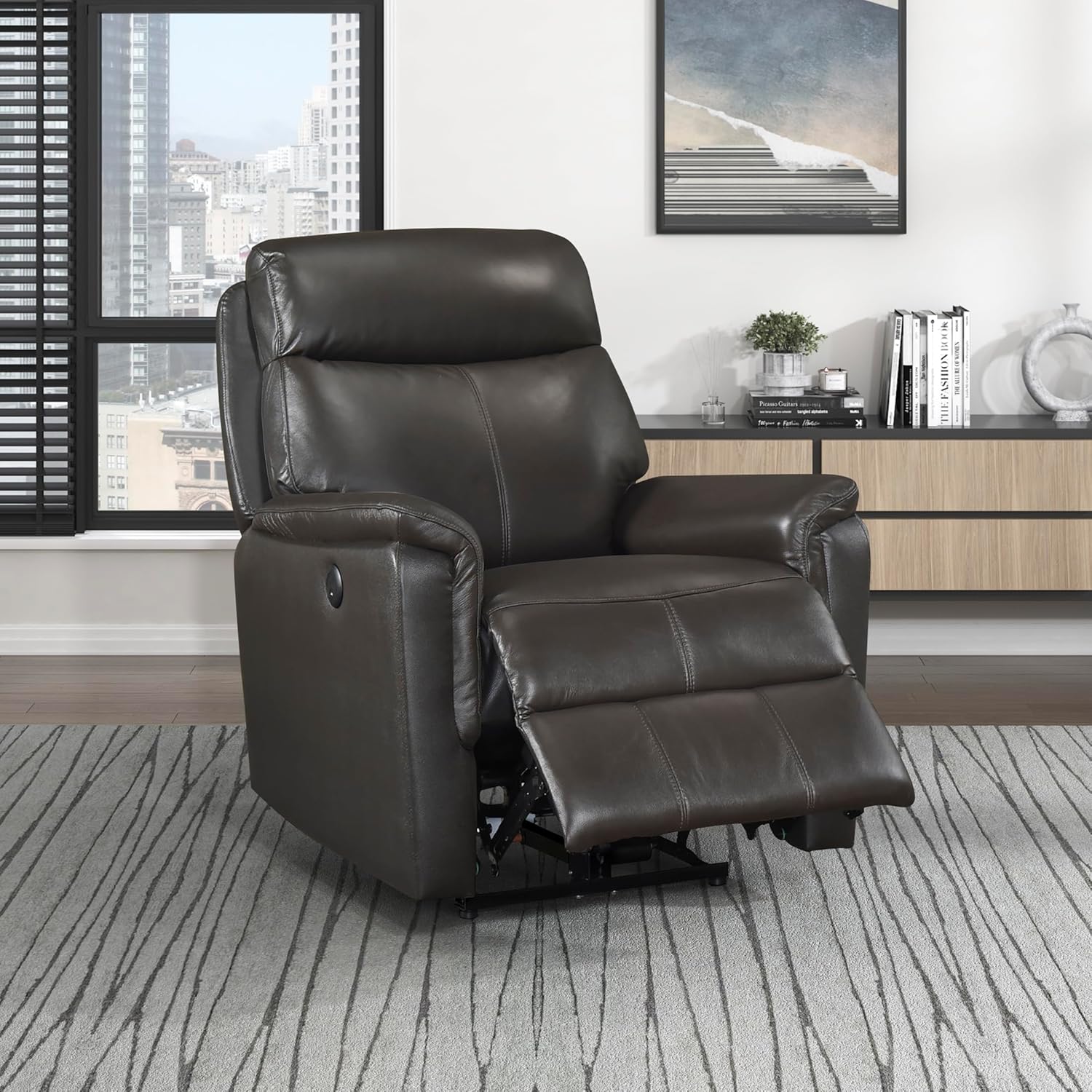 Lexicon Power Recliner Chair, Top Grain Leather Match Home Theater Seating, USB Charging Port, Stitching Single Wall Hugger Reclining Chair for Living Room/Bedroom, Easy Assembly, Dark Brown