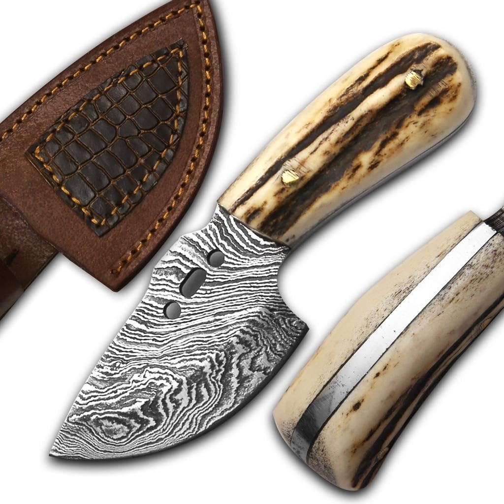 Handmade Damascus Steel Knife -5 inches Stag Handle -Handmade Hunting Knife - knife with sheath - knife sheath – Camping Knife Good For Camping, Hunting, Fishing, Indoor & Outdoors Activities