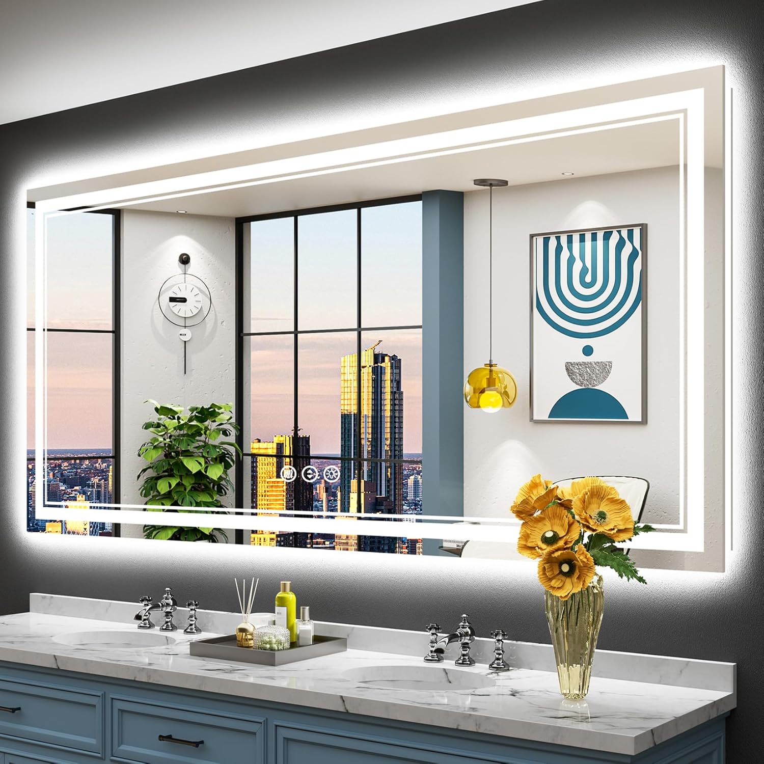 AWANDEE 77x36 LED Bathroom Mirror with Lights, Backlit and Front Lit Anti-Fog Lighted Vanity Mirrors for Bathroom Wall, Dimmable, 3-Color Light, Memory, Shatter-Proof, HD Tempered Glass, CRI＞90