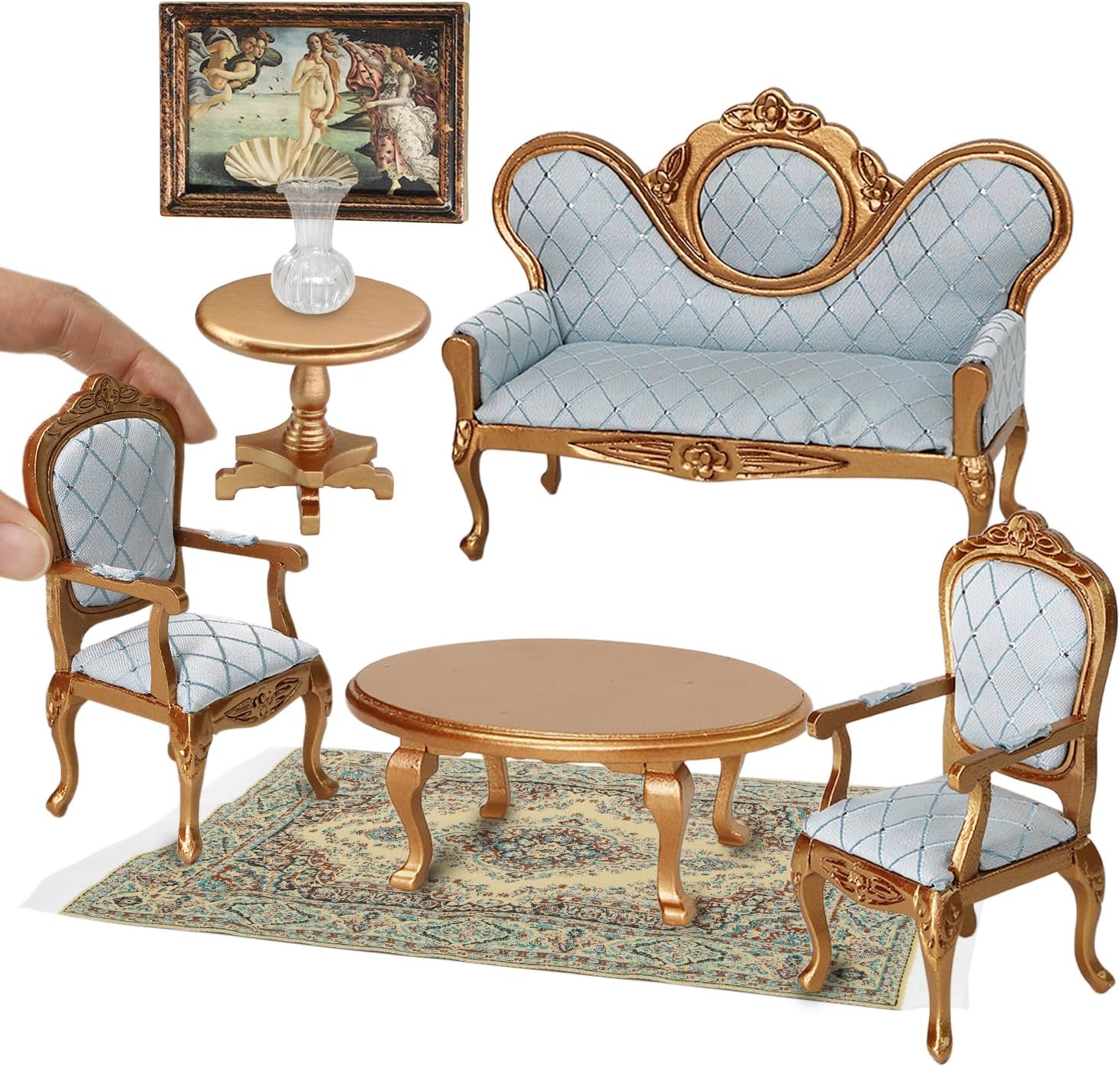 iLAND Victorian Dollhouse Furniture Set, Doll House Furniture and Accessories, Miniature Dollhouse Sofa with 1/12 Scale Accessories 8pcs, Mothers Gift, Wife Gift, Bookshelf Décor
