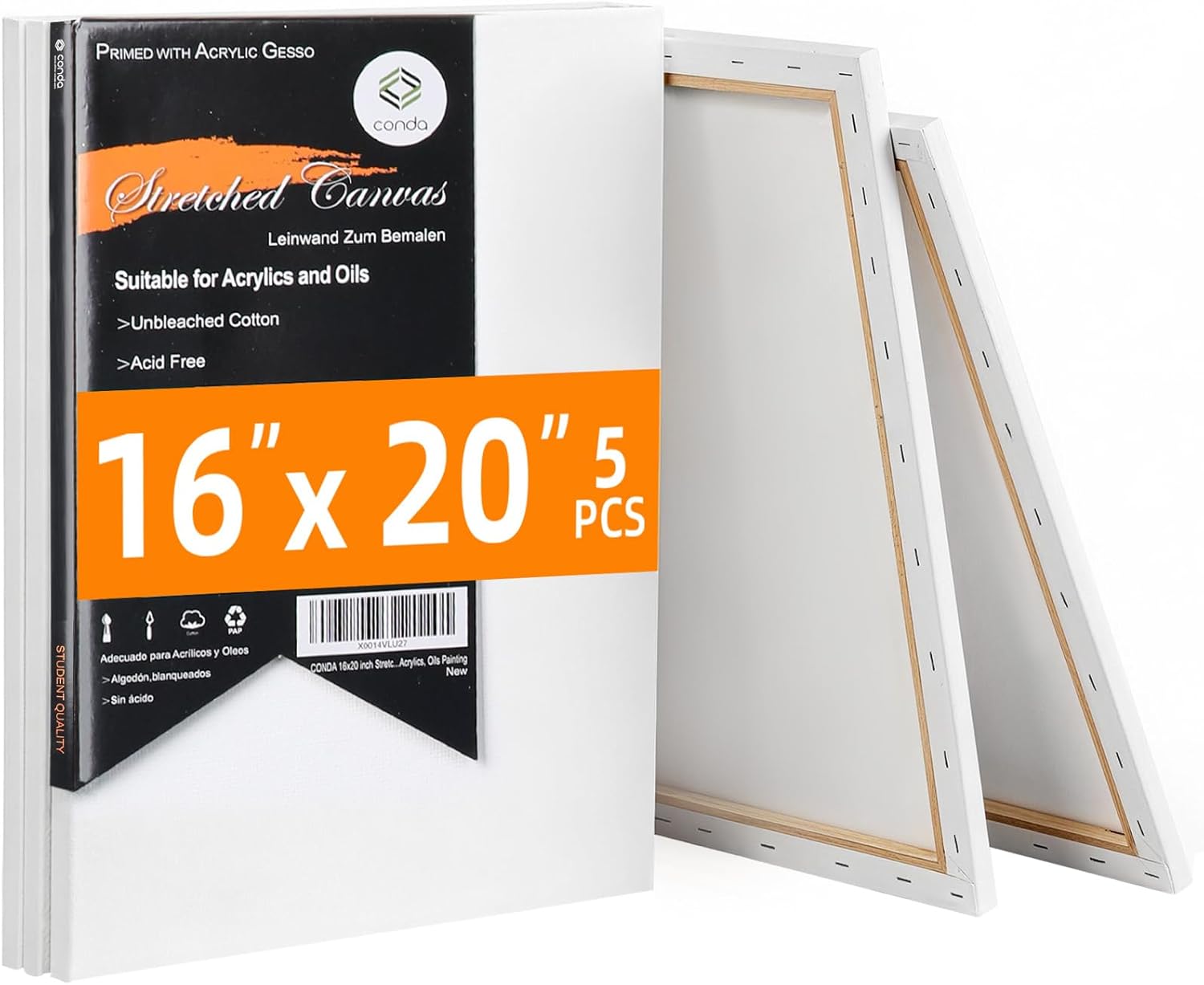 CONDA 16x20 inch Stretched Canvas for Painting, 5 Pack Primed Large Canvas, Primed Acid-Free Cotton 5/8 Inch Profile Value Bulk Pack for Acrylics, Oils Painting