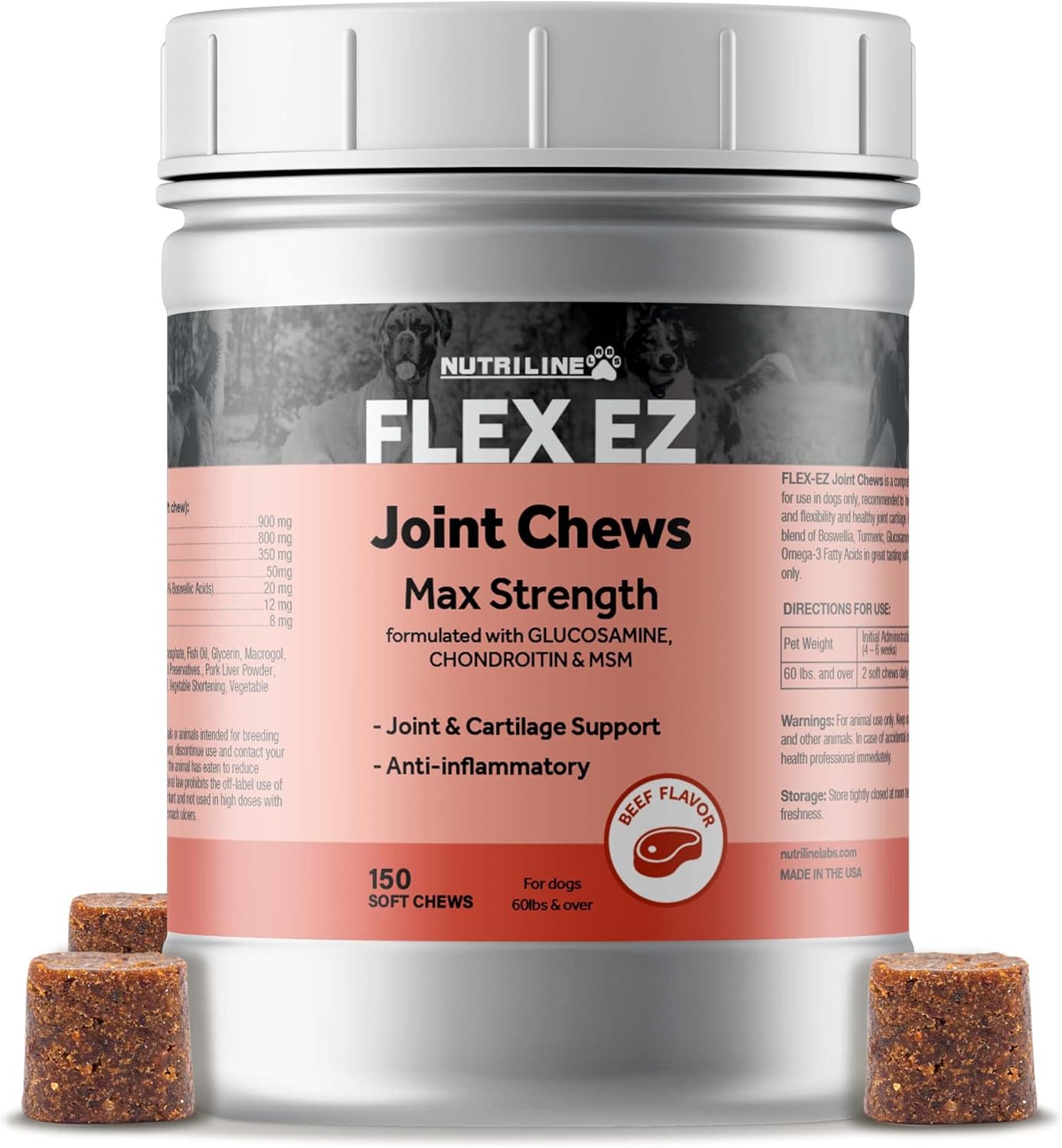 Nutriline Labs Flex EZ Dog Glucosamine Chondroitin Chewable Hip and Joint Supplement for Dogs Chews Treats with MSM and Turmeric, for Large/Giant Breeds (150 Soft Chews)